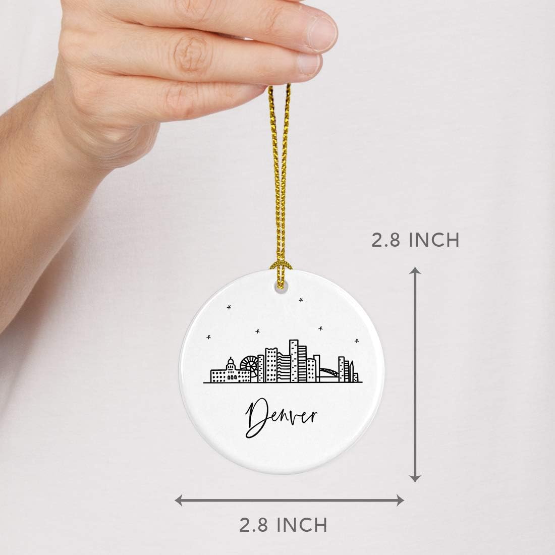 Andaz Press Round Ceramic Porcelain Christmas Tree Ornament Keepsake, Denver Black and White Stars City Skyline Graphic, 1-Pack, Birthday Gift Ideas Family Coworker Him Her, Includes Gift Box