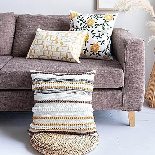 MOCOFO Canvas Embroidered Throw Pillow Cover with Flower Spring Embroidery Craft Modern Simple Sofa Office Pillow Pillow Case (Acorn, 18x18’’)