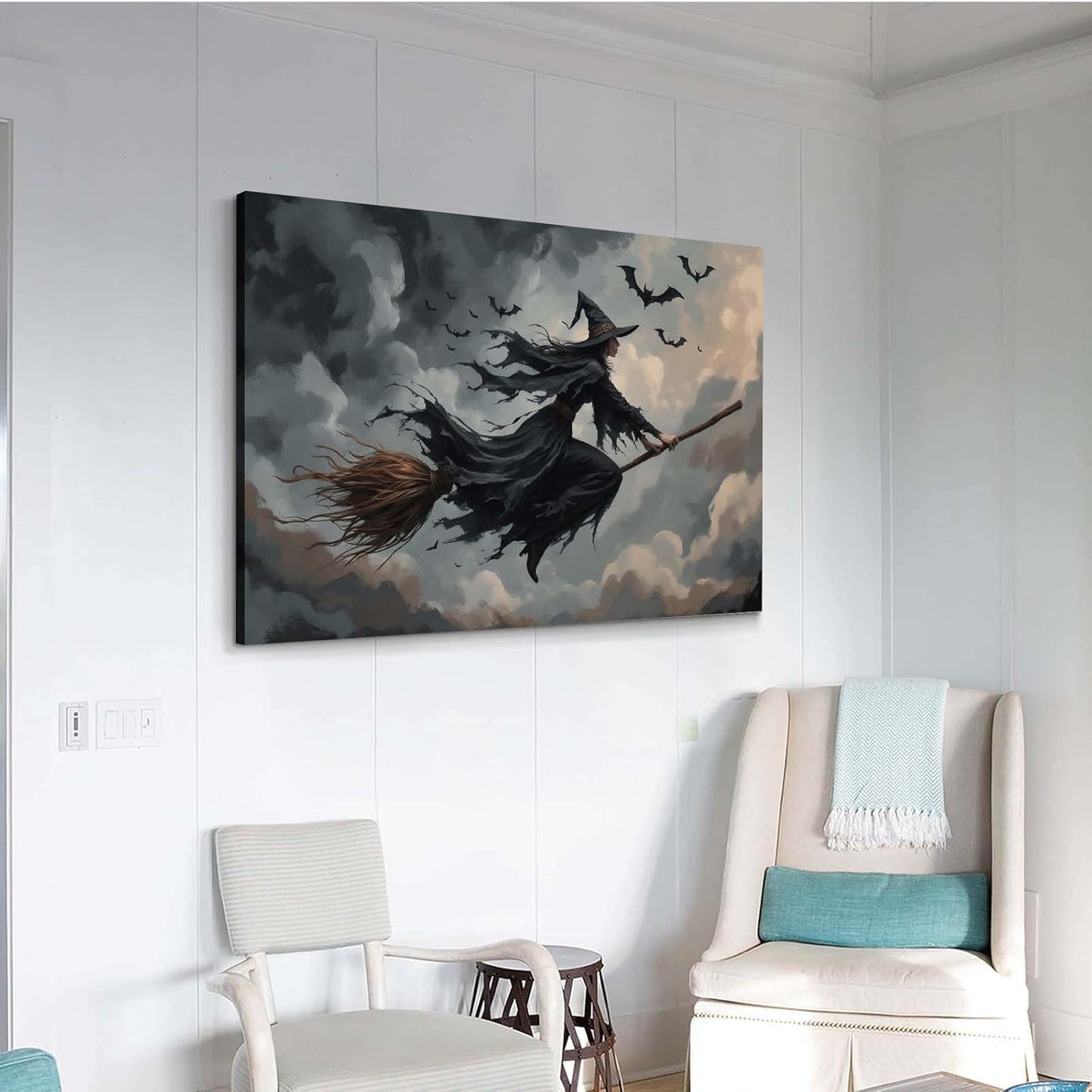 Witch and bat flying Halloween poster suitable for home party wall decoration retro Halloween preppy style wall art canvas print suitable for room decoration8x12in Wood Framed