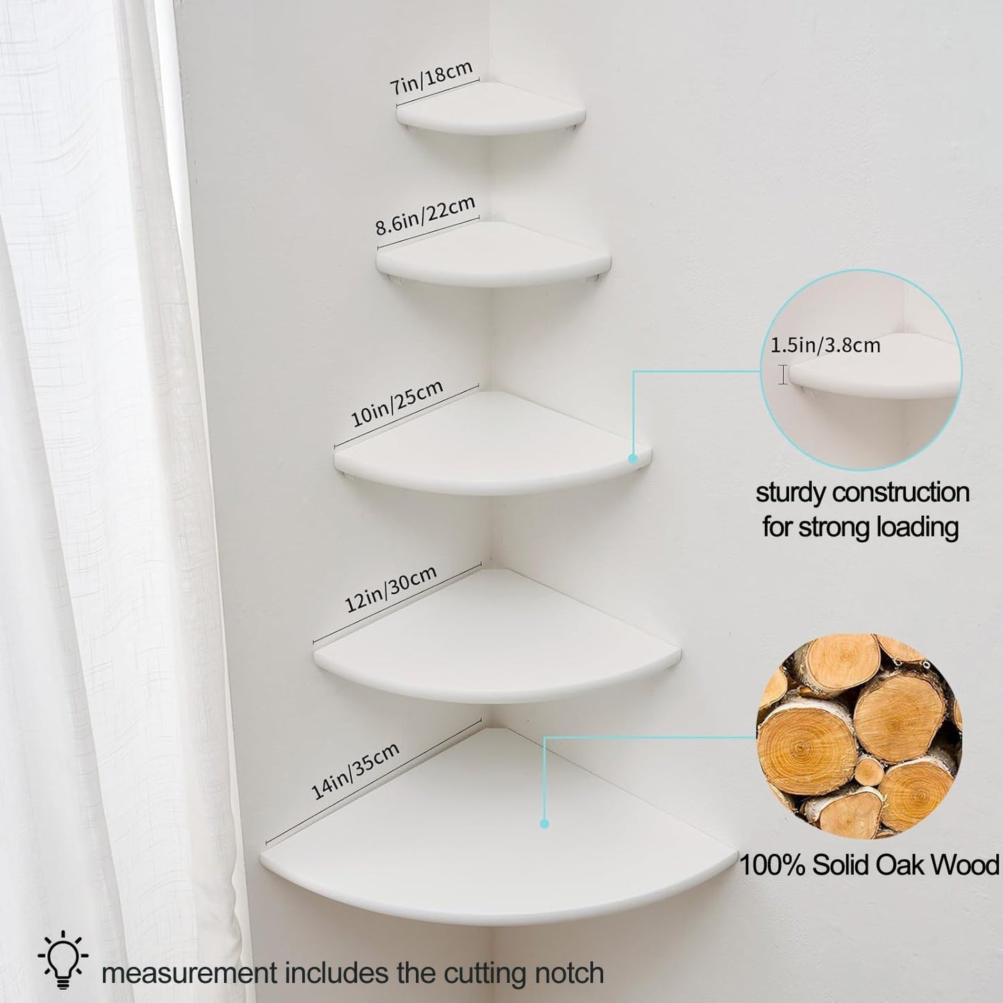 Corner Shelf, White Solid Oak Wood Floating Corner Shelf Wall Mount Round End Floating Speaker Shelf Display Shelf for Small Plant Photo Frame (White, 16in)
