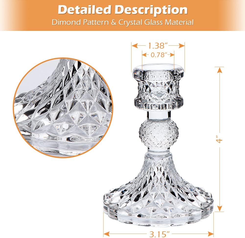 Candlestick Holders Set,12Pcs 4" H Taper Candle Holders Bulk, Clear Glass Candle Holders for Wedding, Spring Party, Romantic Dinner, Festival & Windowsill Decor