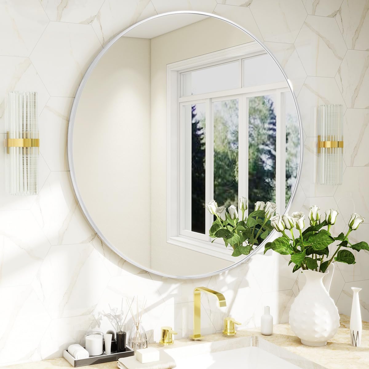 BEAUTYPEAK 30 Inch Round Mirror, Metal Frame Circle Mirror, Wall Mounted for Entryway, Bathroom, Vanity, Living Room, White