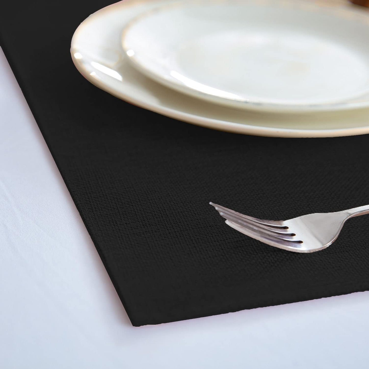 Cloth Placemats Set of 8, Linen Type Fabric Placemats Machine Washable Heat Resistant Placemats Wrinkle Free Thick Polyester Kitchen Place Mats for Dining Table (Black)