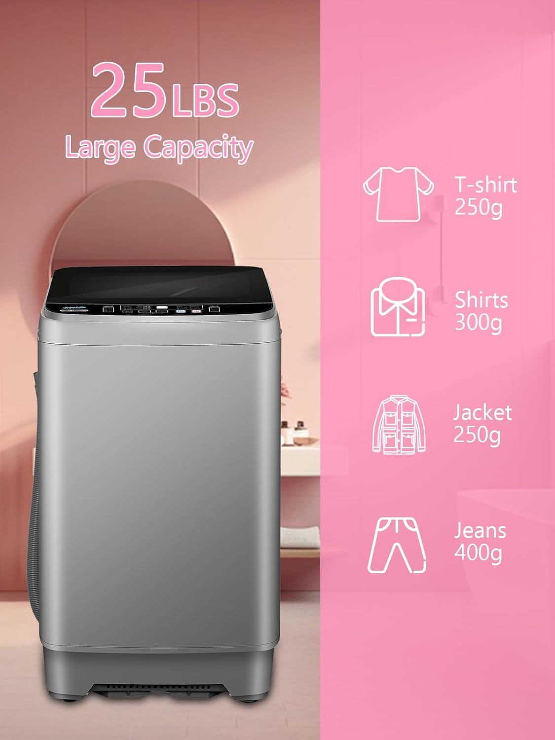 Full Automatic Washing Machine with LED Display, 25 lbs Portable Washer Drain Pump, 10 Programs & 8 Water Levels Selections, Ideal for RV, Camping, Apartment, Dorm, Dark Grey
