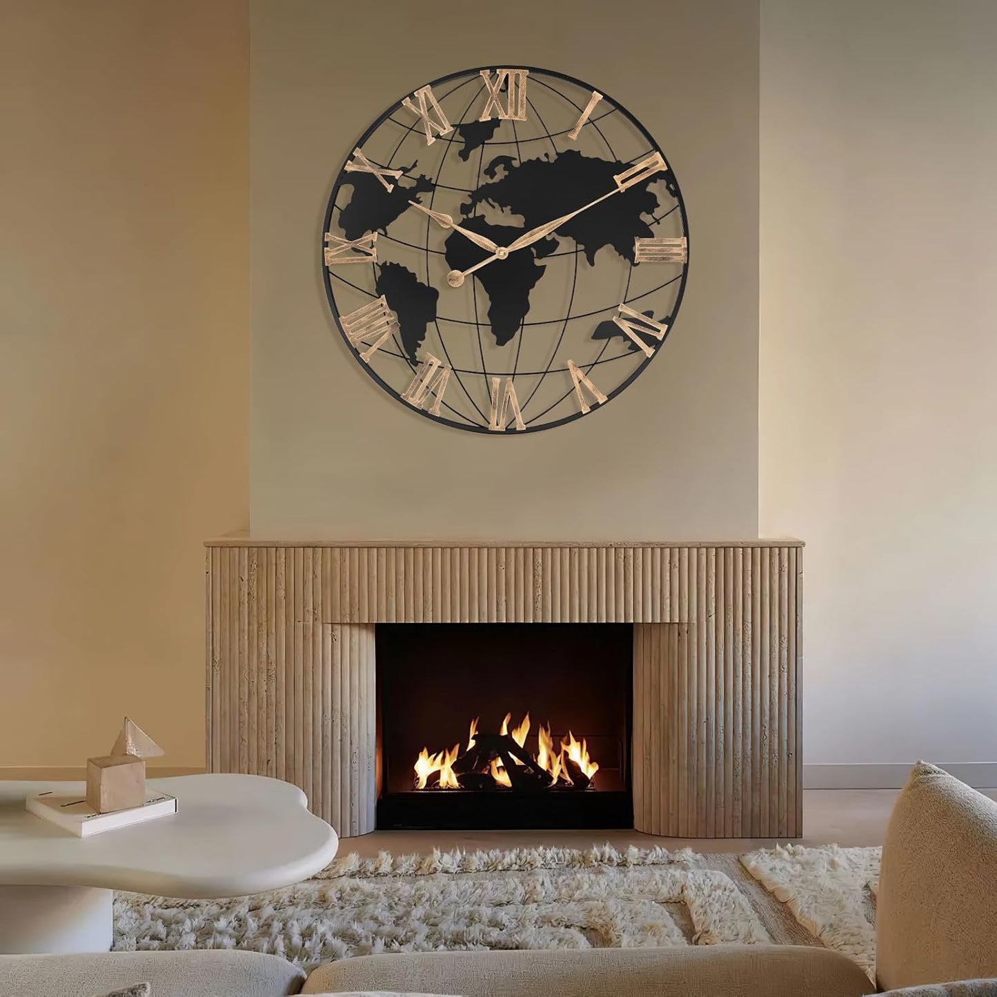 30 Inch Extra Giant Large Wall Clock Oversized,Black Big Metal Modern Decorative Silent World Map Wall Clock with Vintage Gold Roman Numeral for Office,Living Room,Kitchen,Dining Room Decor