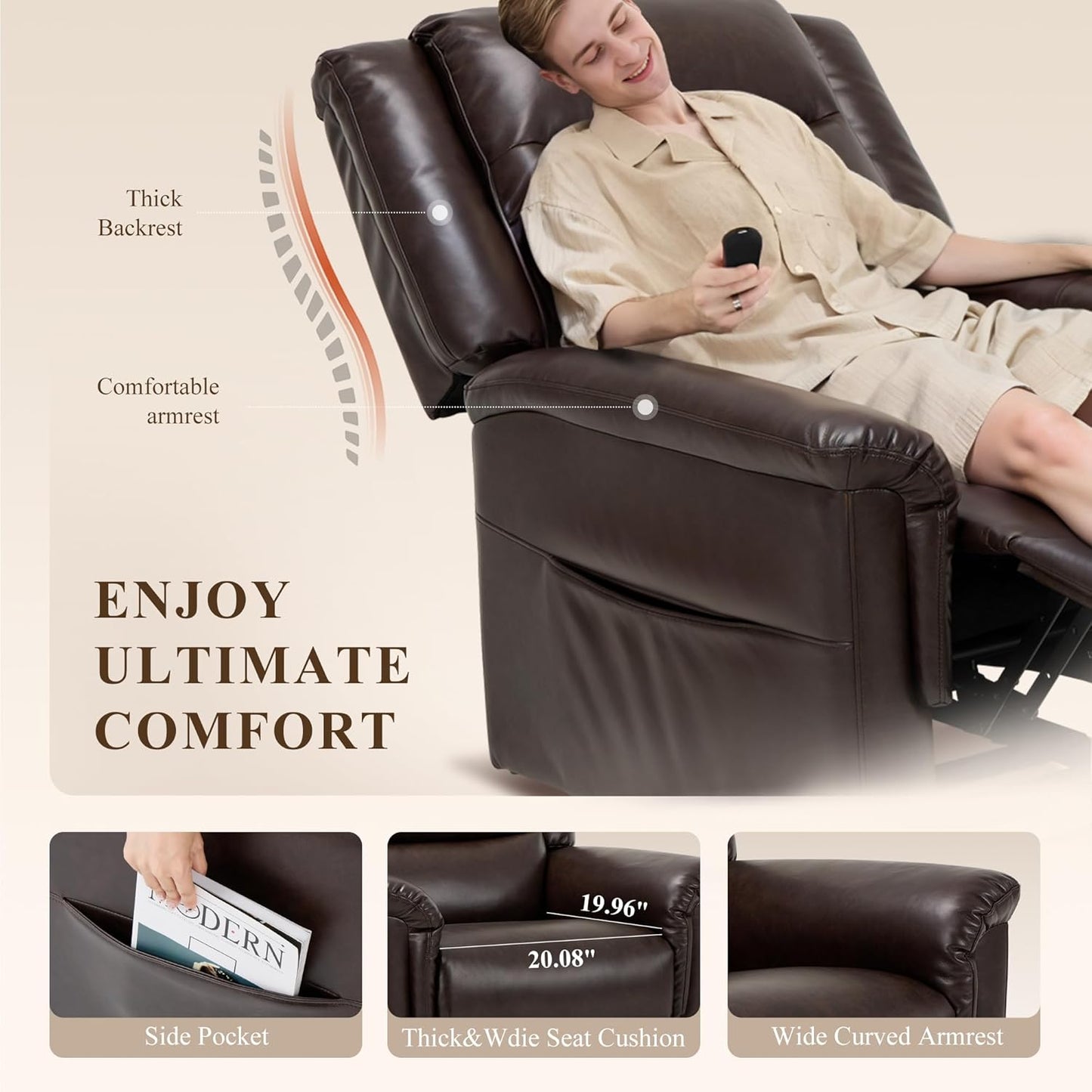 COLAMY PU Leather Electric Power Lift Chair,Lift Recliner Chair with Thick Cushioned Padding Backrest for Living Room, Office, Bedroom (Darkbrown)