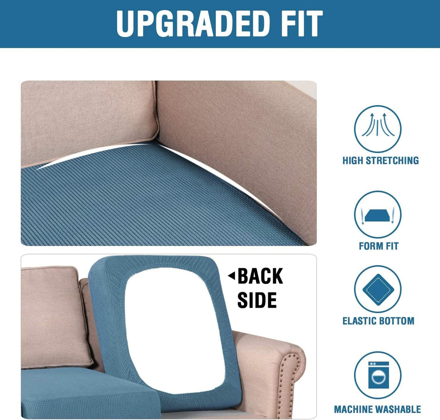 H.VERSAILTEX Super Stretch Individual Seat Cushion Covers - Sofa & Couch Cushion Slipcover Sets - Thick Jacquard Textured Twill Fabric (2 Piece Large, Dusty Blue)