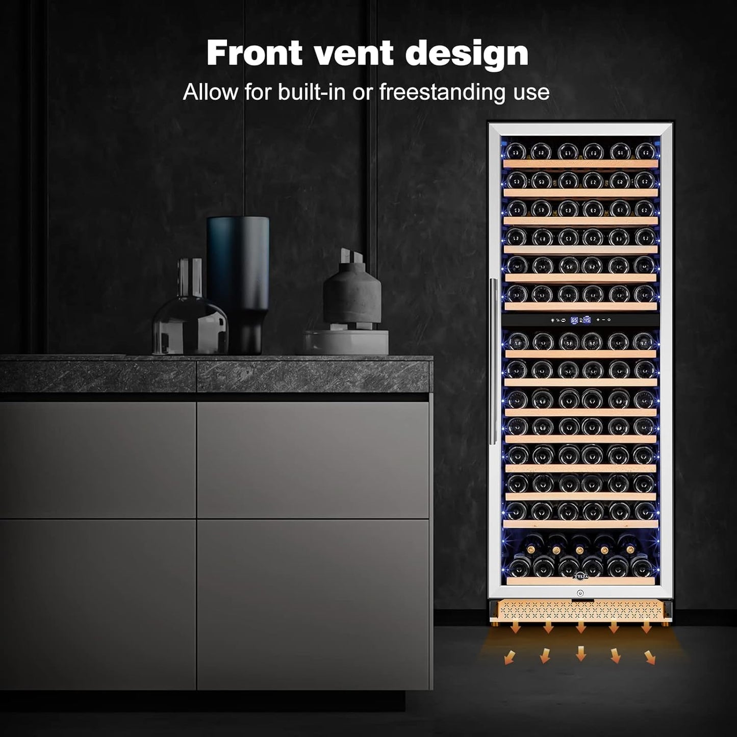 Tylza 24 Inch Wine Fridge Dual Zone, 180 Bottle Wine Cooler Refrigerator With Stainless Steel and Professional Compressor, Fast Cooling Low Noise and No Fog Built-in or Freestanding