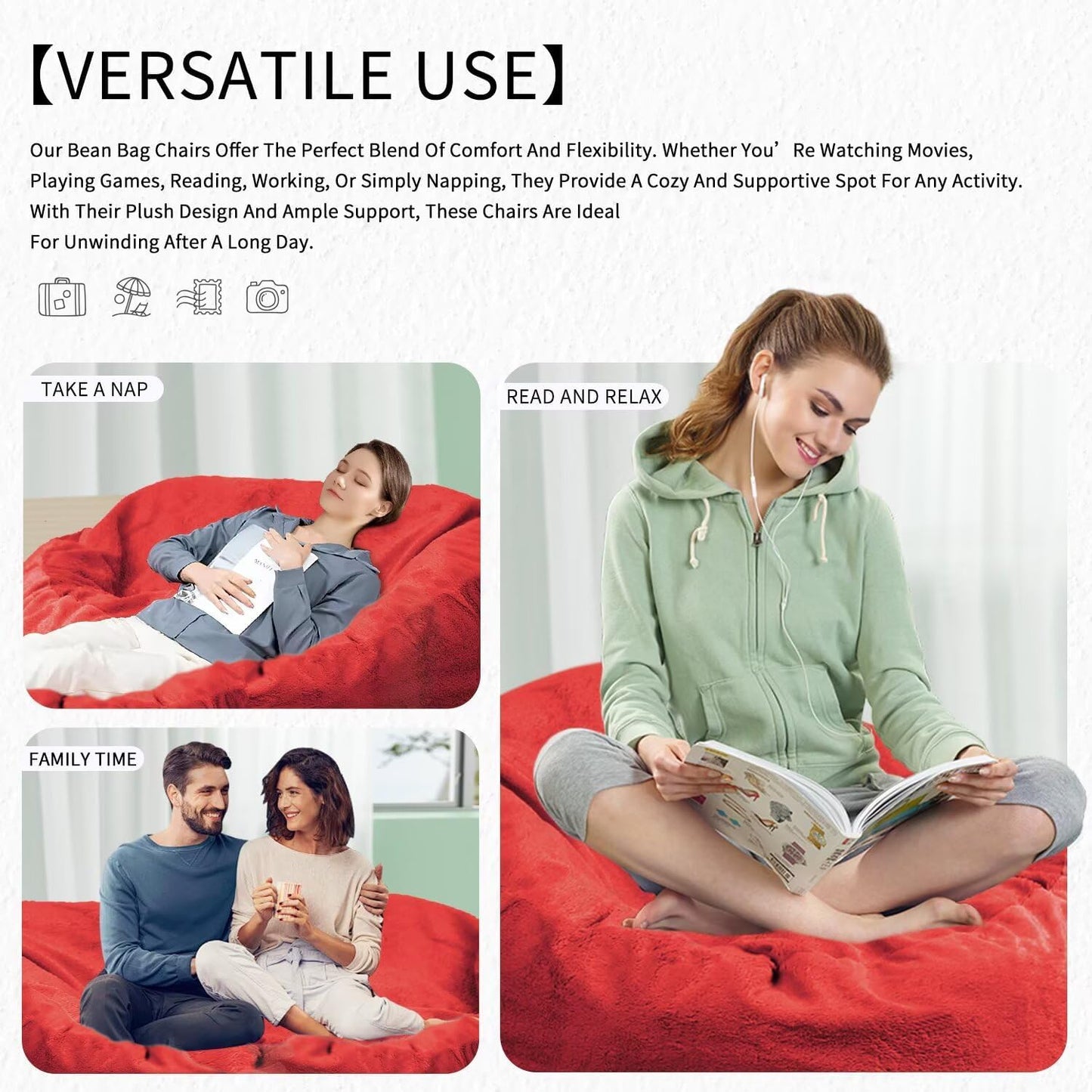 Bean Bag Chair for Adults 6FT,Soft Removable Cover for Teens/Girls Bedroom,Fluffy Giant Round Floor Beanbag Lounger Chairs (No Filler,Big Red)