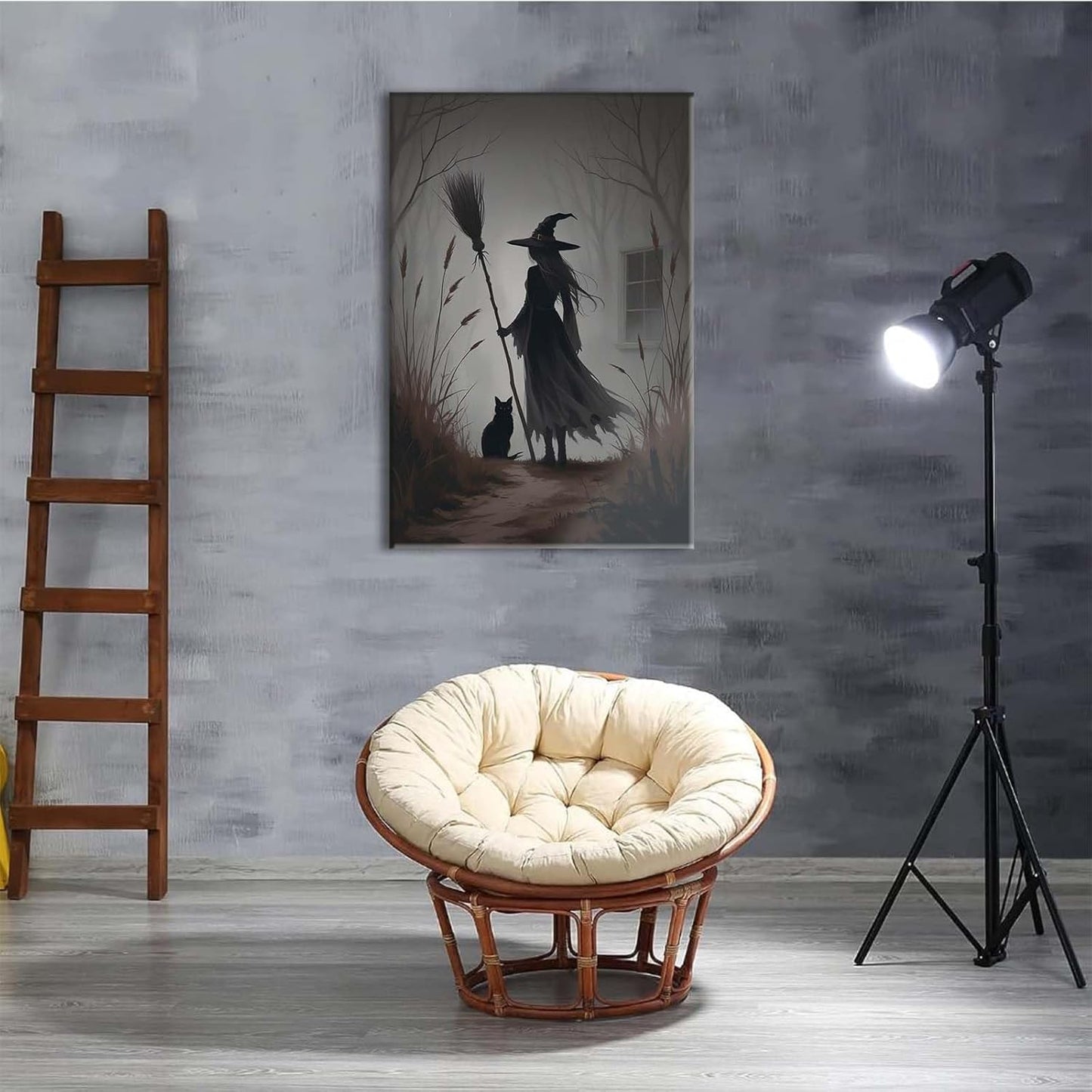 JFHCQJPK Vintage forest witch and black cat poster Halloween mural poster decoration mural art magic suitable for home living room bedroom32x48in Frameless