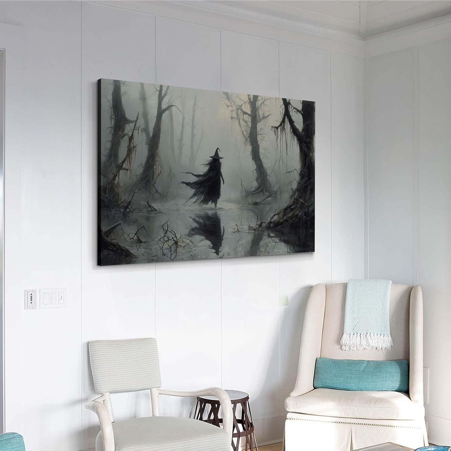 Vintage rustic swamp witch poster dark moody wall art gothic horror season halloween print for home decor retro dark moody painting24x36in Wood Framed