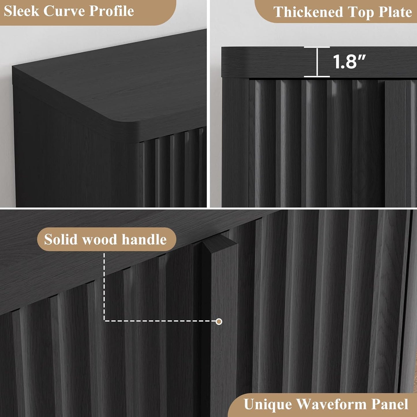 Fluted Buffet Cabinet with Storage, 60" Sideboard Buffet Storage Cabinet with 4 Doors & Adjustable Shelves, Wood Coffee Bar Credenza Accent Cabinet for Kitchen, Dining Room, Living Room, Black(1PCS)