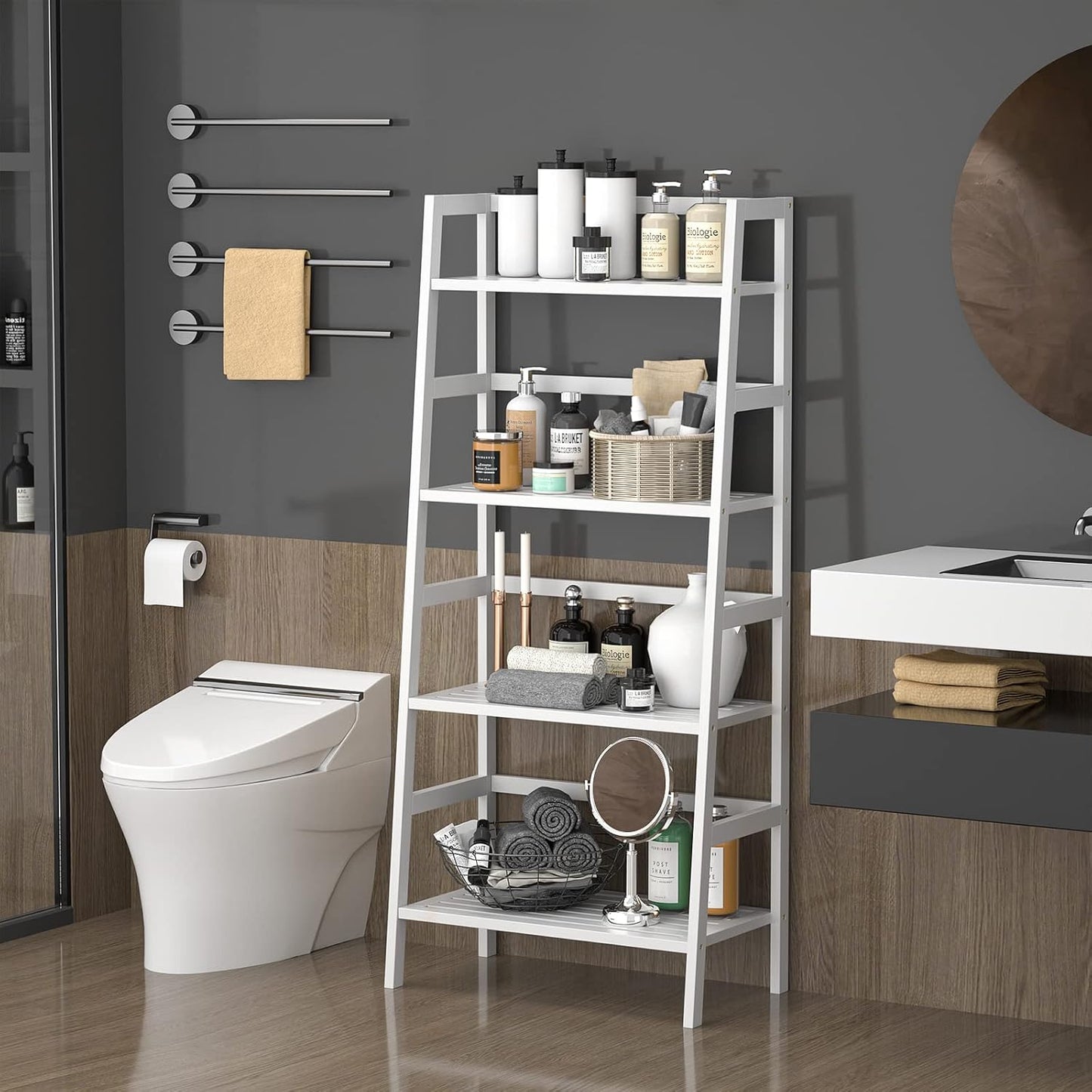 Homykic Bamboo White Bookshelf 4-Tier Ladder Shelf, 49.2” Freestanding Open Bookcase Book Shelf Bathroom Storage Shelf Unit Plant Stand for Small Space, Bedroom, Living Room, Home Office