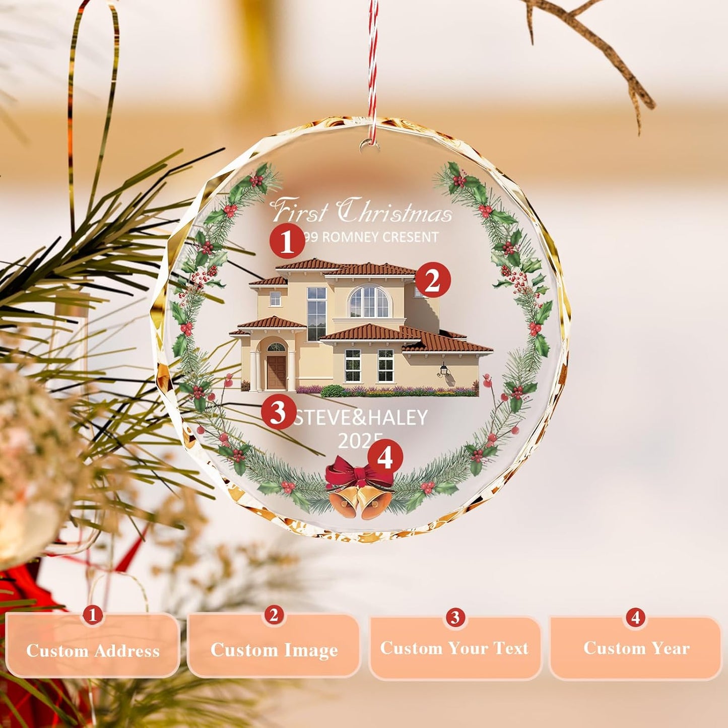 Bemaystar First Christmas in New Home Ornaments 2025âPersonalized Crystal Ornament with Photo and AddressâCustom Housewarming Gift KeepsakeâChristmas Tree Decoration for Couples or Families