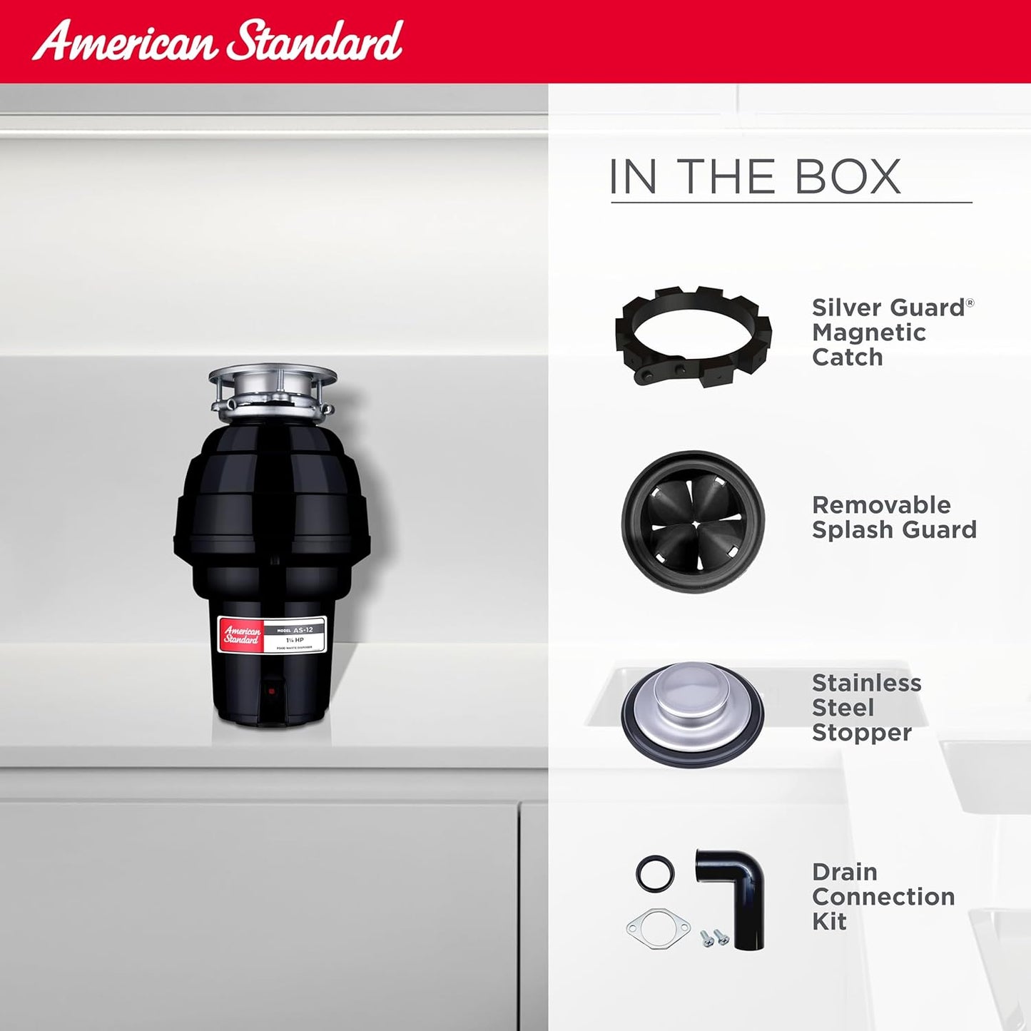 American Standard 10-US-AS-12 Garbage Disposal Anti-Jam Stainless Steel Food Waste Grinding System, Heavy Duty, 1.25 HP, Black