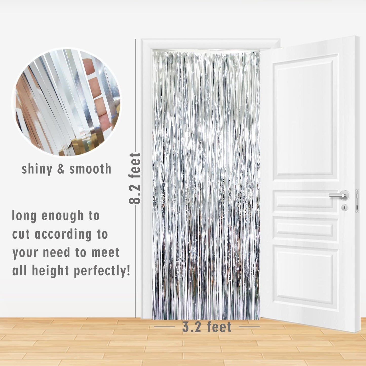 GOER 3.2 ft x 8.2 ft Metallic Tinsel Foil Fringe Curtains Party Photo Backdrop Party Streamers for Birthday,Graduation,New Year Eve Decorations Wedding Decor (Silver,3 pcs)