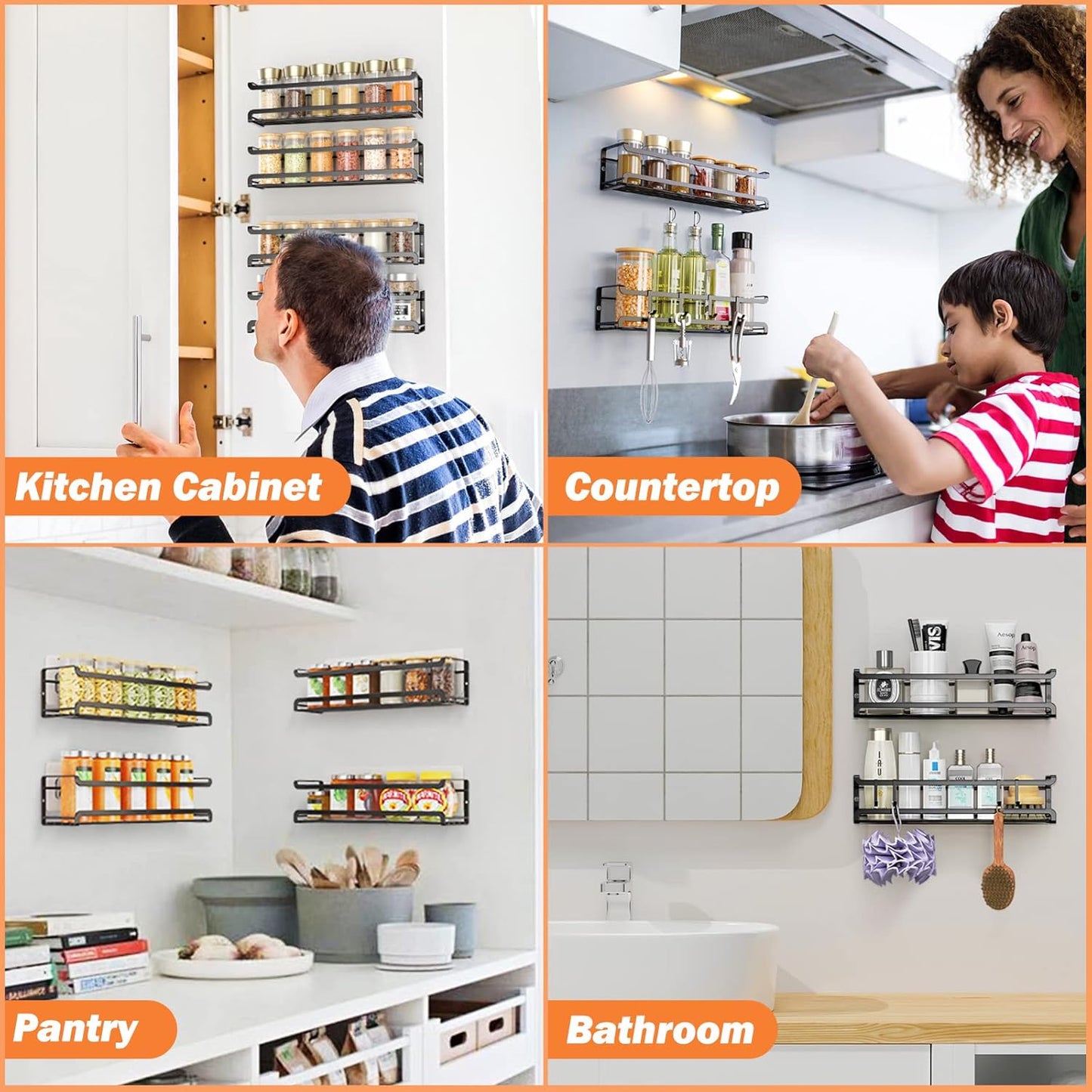 Spice Rack Wall Mounted 4 Pack,Space-Saving Spice Organizer for Spice Jars and Seasonings,Screw or Adhesive Hanging Spice Rack Organizer for Your Kitchen Cabinet,Pantry Door,11.41x2.75x2.75in