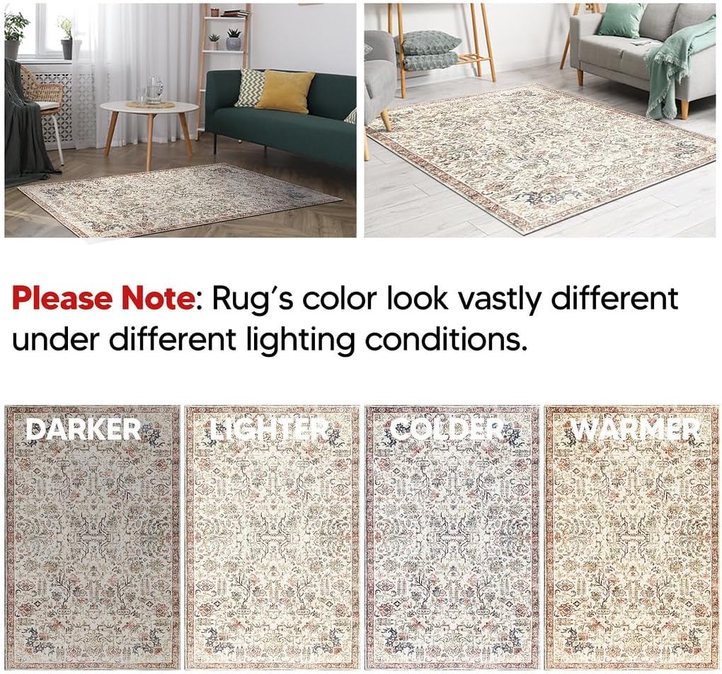 Keen Home Design 4x6 Rug - Machine Washable Area Rug with Non-Slip Backing, Ideal for Living Room, Dining Room, Bedroom - Vintage, Easy Clean, Durable, Low Pile Rug - (4' x 6')