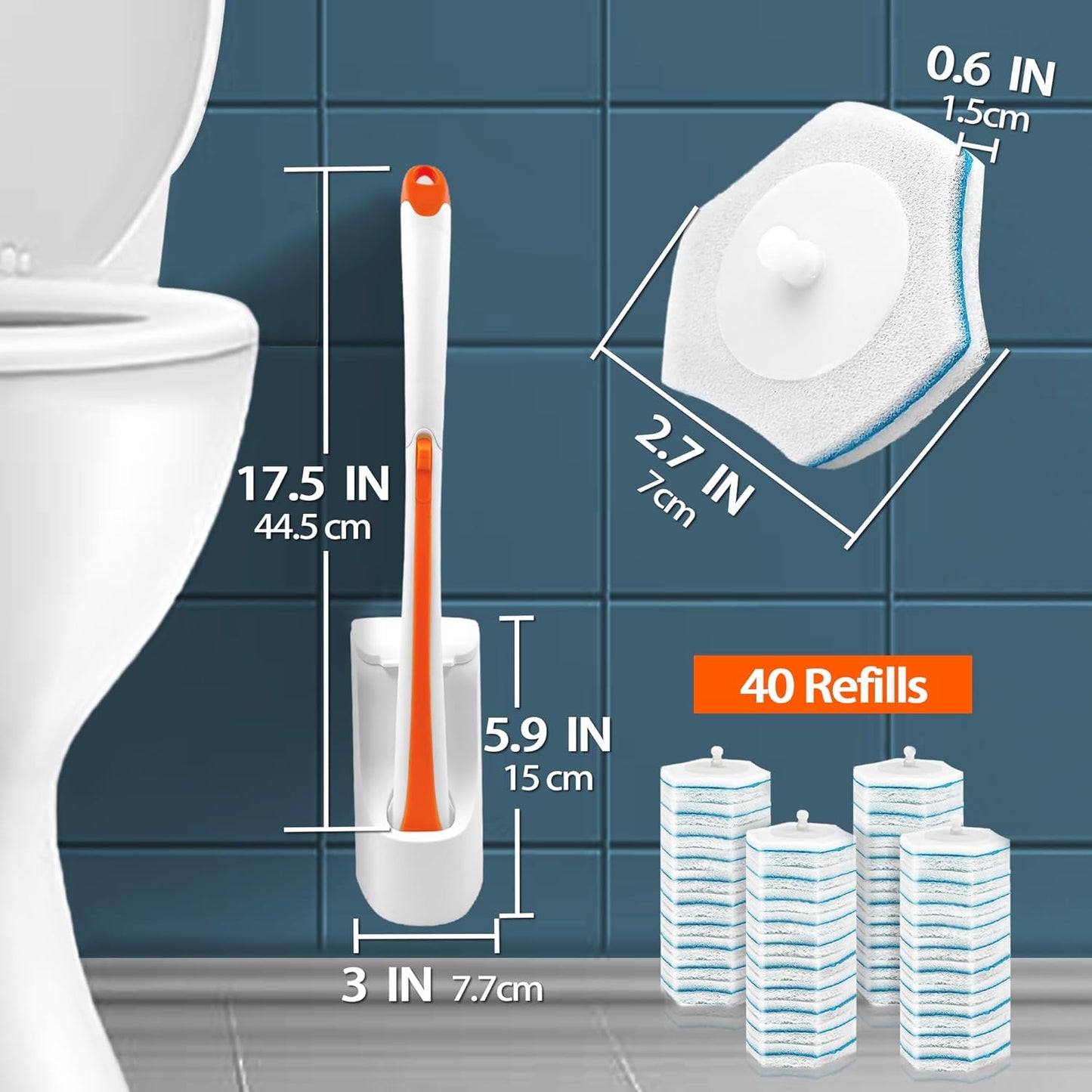 JEHONN Disposable Toilet Bowl Cleaner Wand with 40 Cleaner Refills, Wall Mounted Long Handle Compact Bathroom Scrub Brush Holder Set for Sink Bathtub Wash Basin Mop Pool (Orange)