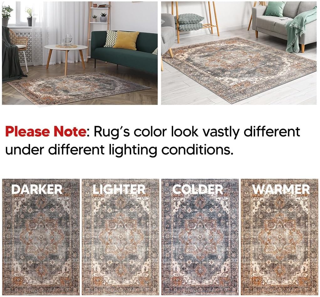 Keen Home Design 5x7 Rug - Machine Washable Area Rug with Non-Slip Backing, Ideal for Living Room, Dining Room, Bedroom - Vintage, Easy Clean, Durable, Low Pile Rug - (5' x 7')