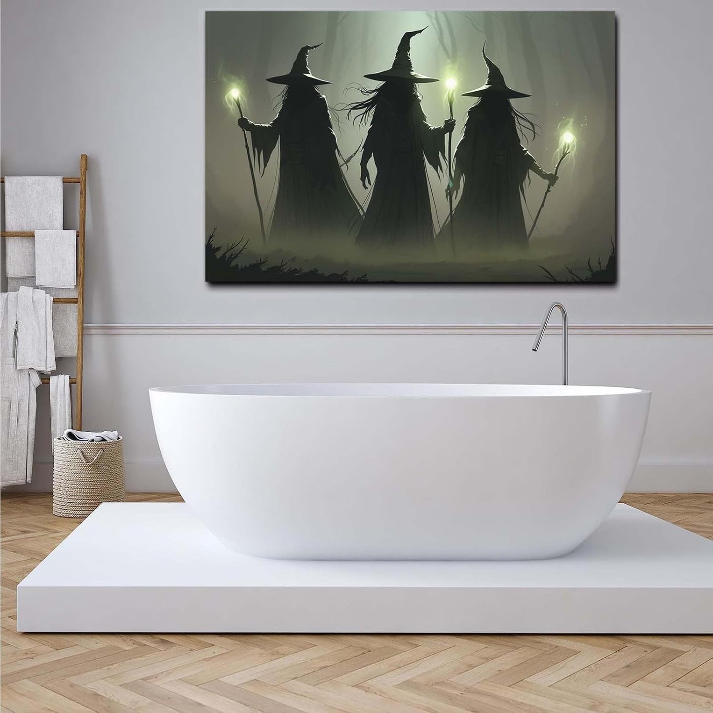 Vintage 3 witches canvas wall decor melancholy dark Halloween poster wall decor holding a staff print Gothic horror Halloween painting print for living room bedroom24x36in Wood Framed