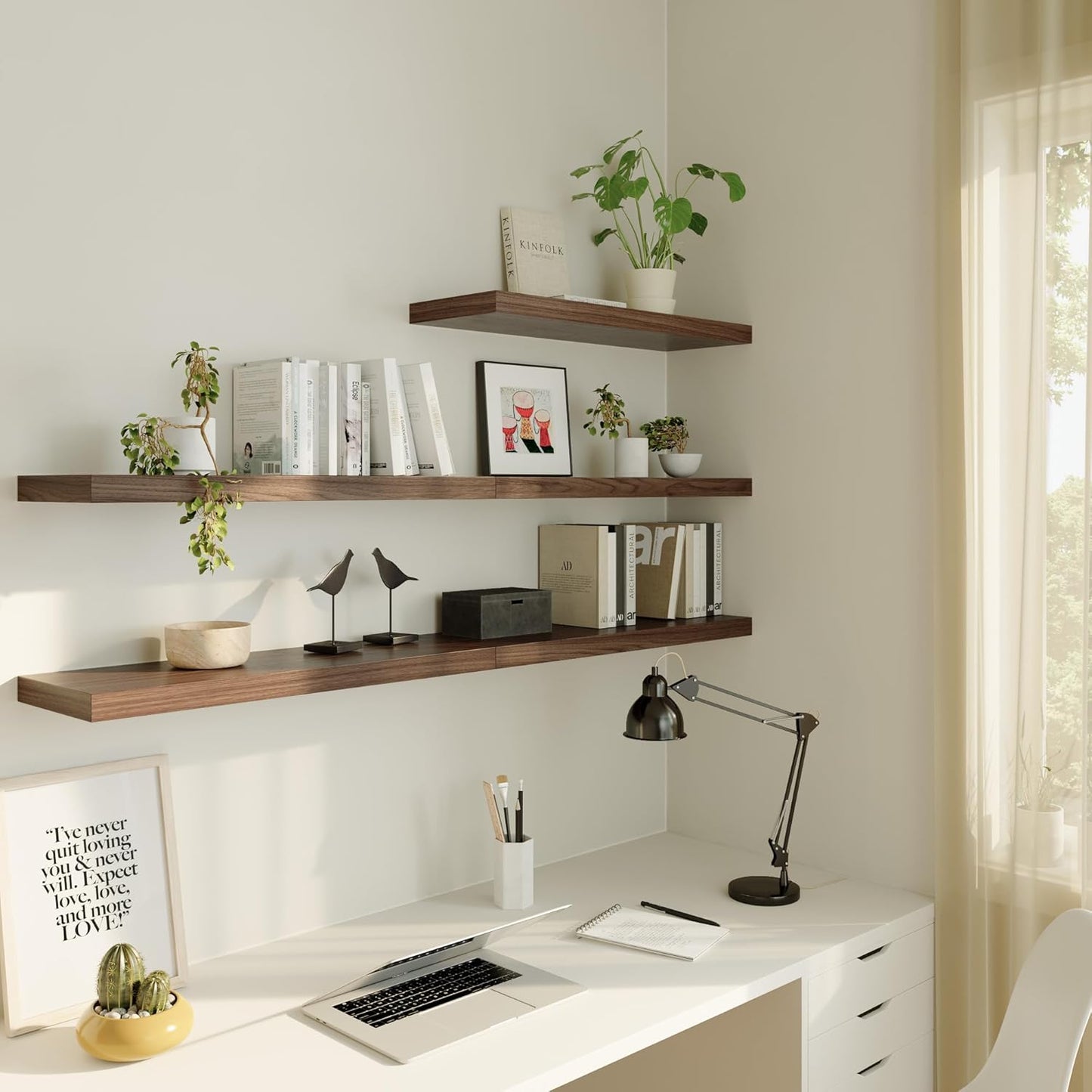 Large Floating Shelves for Wall Set of 1 Wooden Wall Shelves 36 in x 12.75 in x 2 in Room Decor Long Shelf with Invisible Wall Mount Bracket for Bedroom Kitchen Living Room Walnut