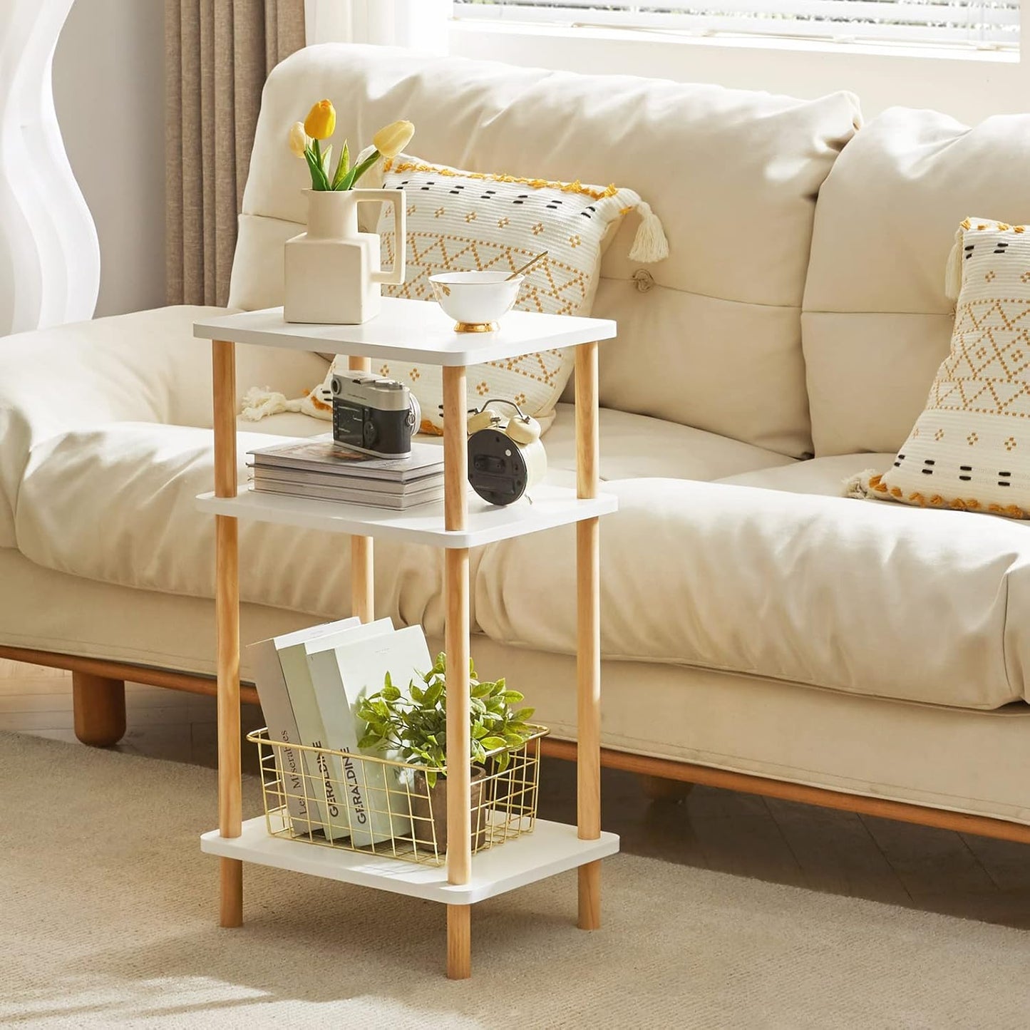 IBUYKE 3-Tier Side Table, Solid Wood Tall End Table with Storage Shelves, Nightstand Bedside Table for Living Room Bedroom Office, No-Tool Assembly, White UWST003W
