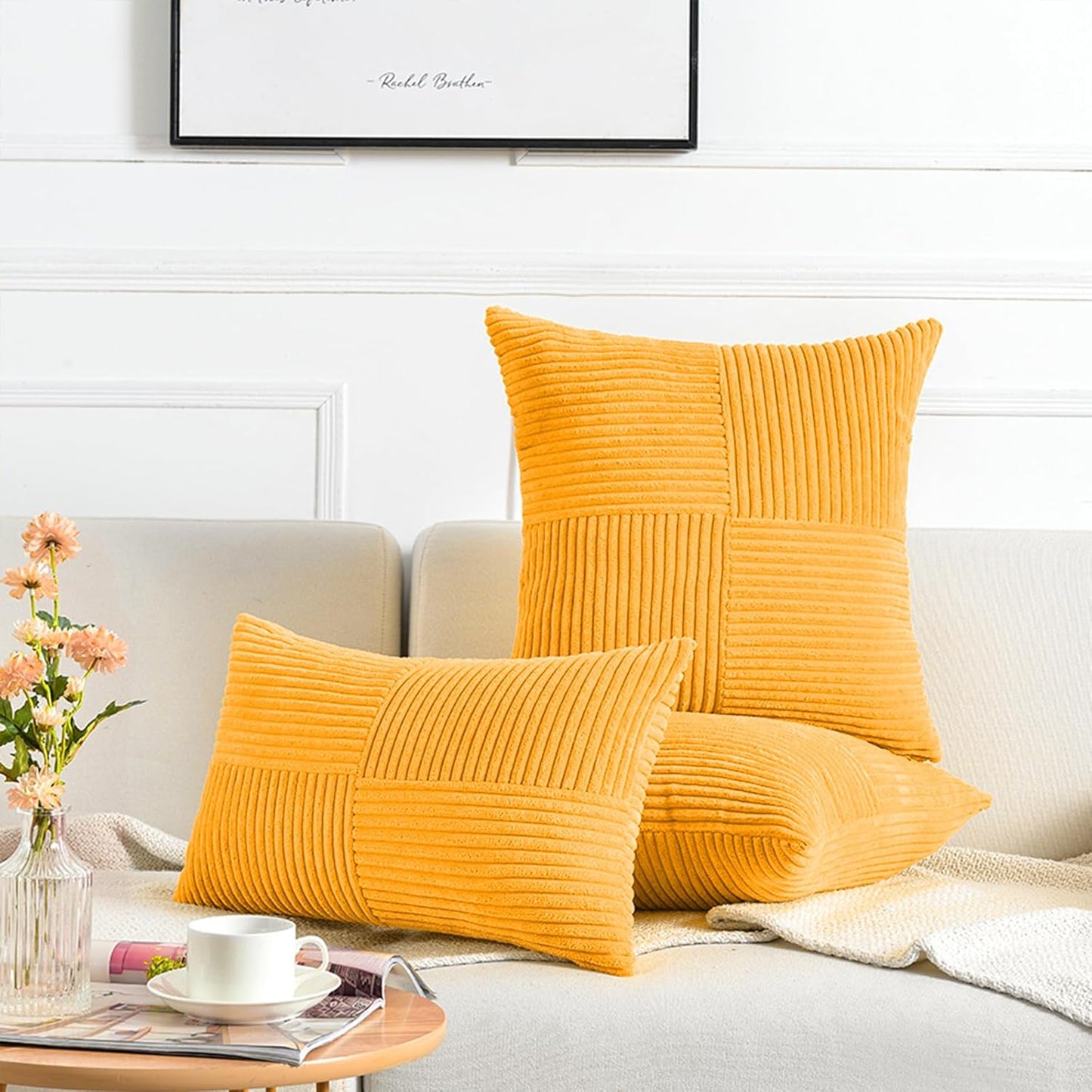 Fancy Homi 2 Packs Gold Yellow Euro Decorative Throw Pillow Covers 26x26 Inch for Couch Bed Sofa, Rustic Farmhouse Boho Home Decor, Soft Corss Corduroy Patchwork Textured Square Cushion Case 66x66 cm
