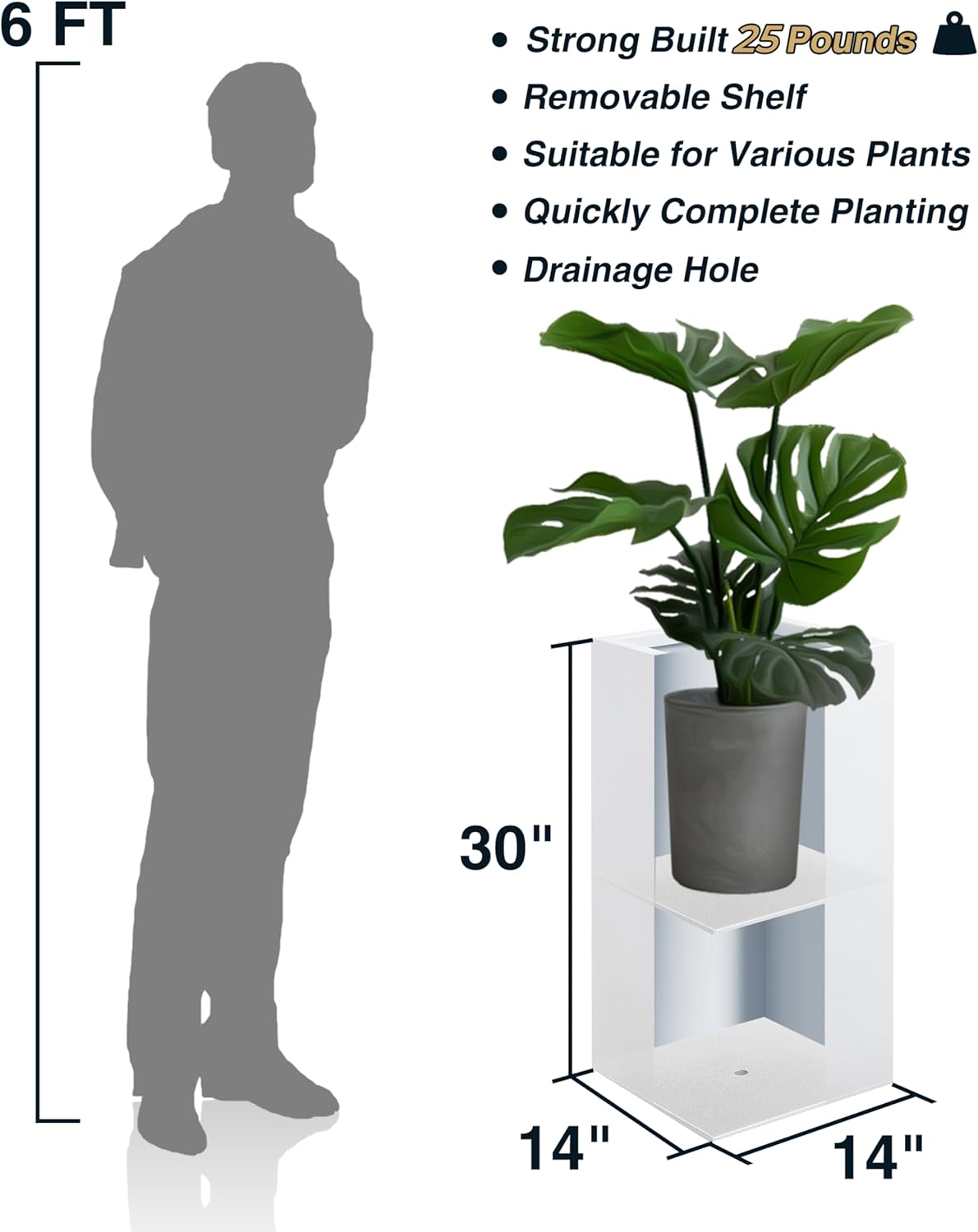 Metallic Heavy Large Planter Box for Outdoor or Indoor, Tall Metal Planters, Rectangular Flowerpot for Front Porch, Garden, Patio 25Pounds Pure White, No Assembly 1 Pack