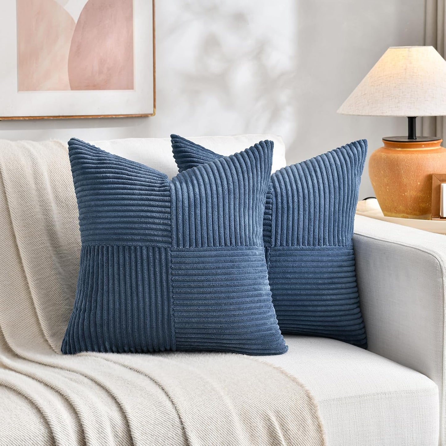 Fancy Homi 2 Packs Dusty Blue Samll Decorative Throw Pillow Covers 12x12 Inch with for Couch Bed Sofa, Rustic Farmhouse Boho Home Decor, Soft Patchwork Corduroy Textured Square Cushion Case 30x30 cm