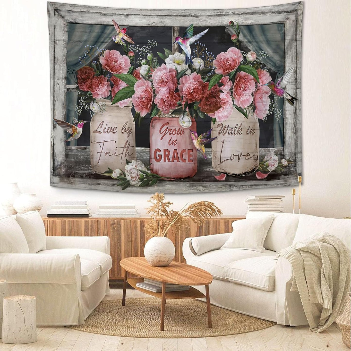 yowecso Farmhouse Rose Tapestry Peony Flower Tapestry Wall Hanging for Bedroom Floral Tapestries Aesthetic Wall Decor for Home Dorm Living Room 50"x60"