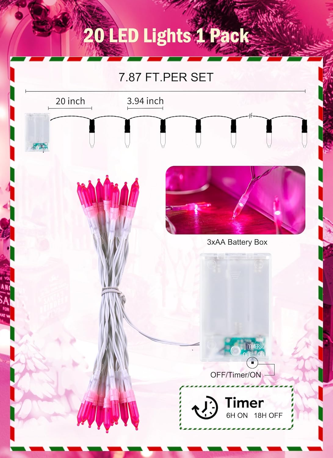 Battery Operated Christmas String Lights, 8ft 20 LED Mini Lights with Timer, Christmas Tree Lights for Indoor Outdoor Bedroom Wedding Party Holiday Xmas Decoration,Pink