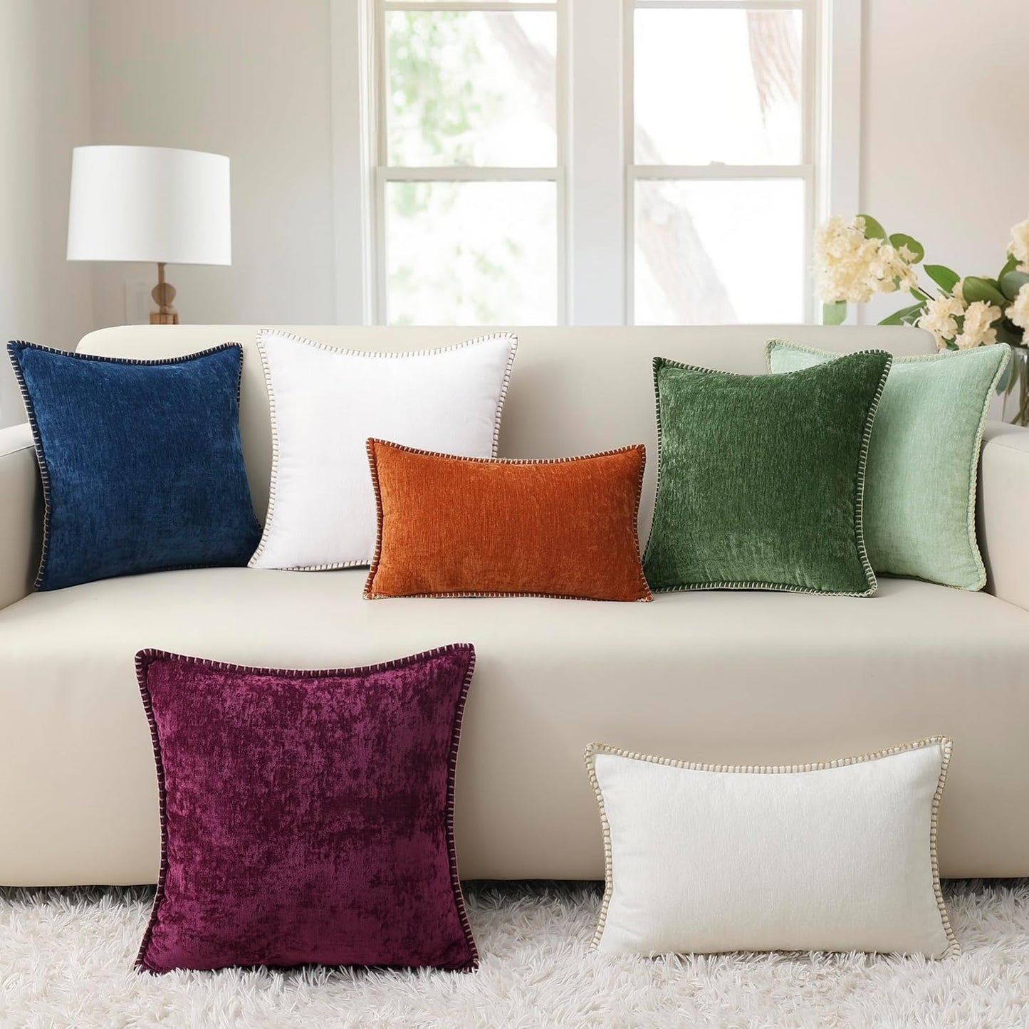 decorUhome Chenille Soft Throw Pillow Covers 24x24 Set of 2, Farmhouse Velvet Neutral Decorative Euro Pillow Covers with Stitched Edge for Couch Sofa Bed Home Decor, Rhododendron