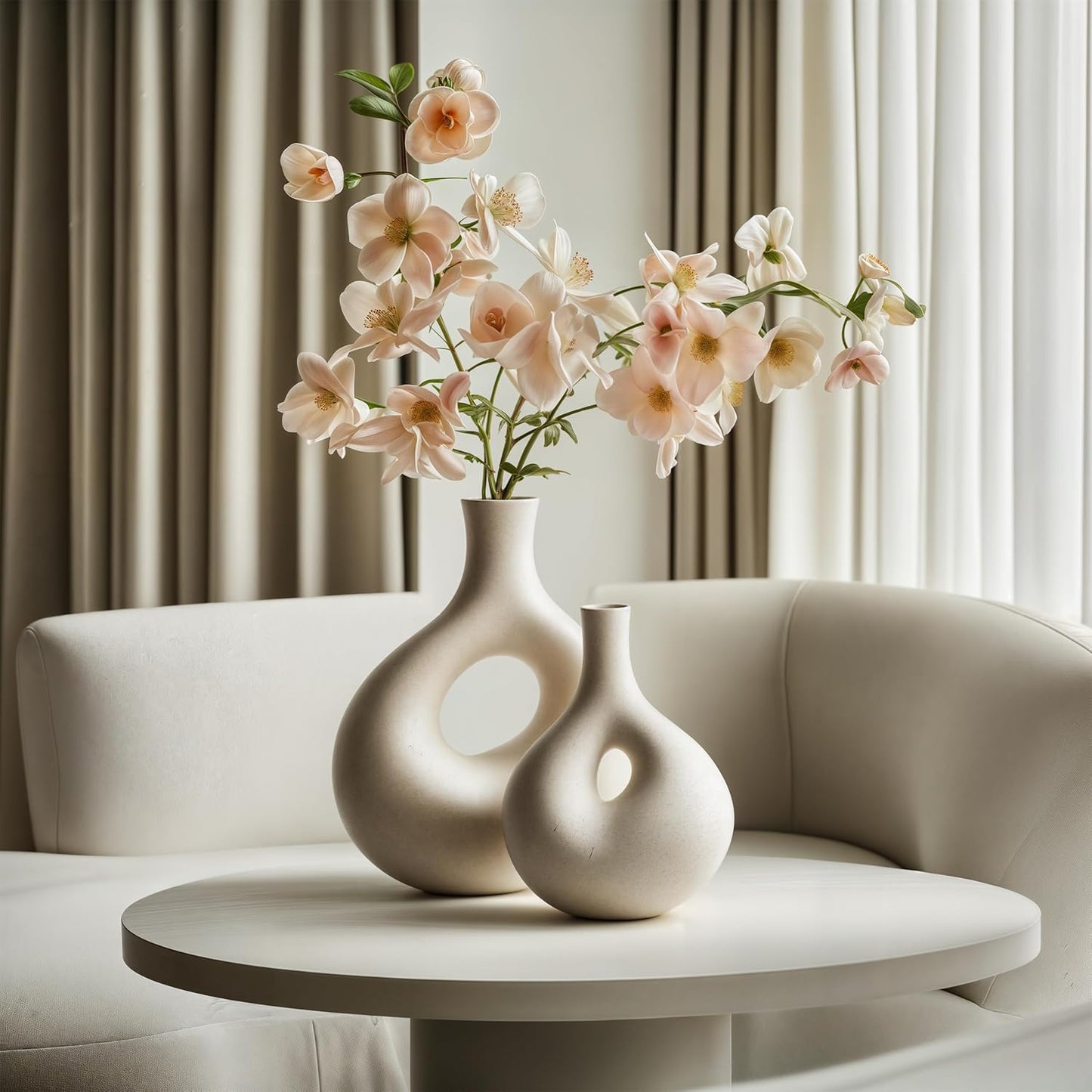 NOBULA White Ceramic Donut Vases โ Modern Home Decor for Living Room, Bedroom & Table Centerpiece - Minimalist Nordic โ Unique Vases for Olive Plant & Flowers โ Decorative Coffee Table Vase Set of 2