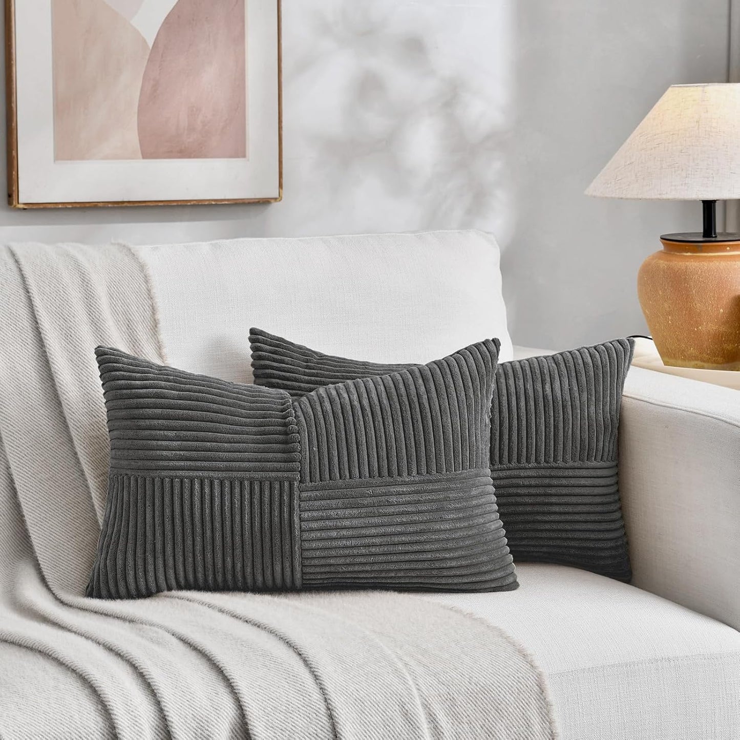 Fancy Homi 2 Packs Dark Gray Lumbar Decorative Throw Pillow Covers 16x32 Inch for Living Room Couch Bed Sofa, Farmhouse Home Decor, Soft Striped Corduroy Rectangle Accent Cushion Case 40x80 cm