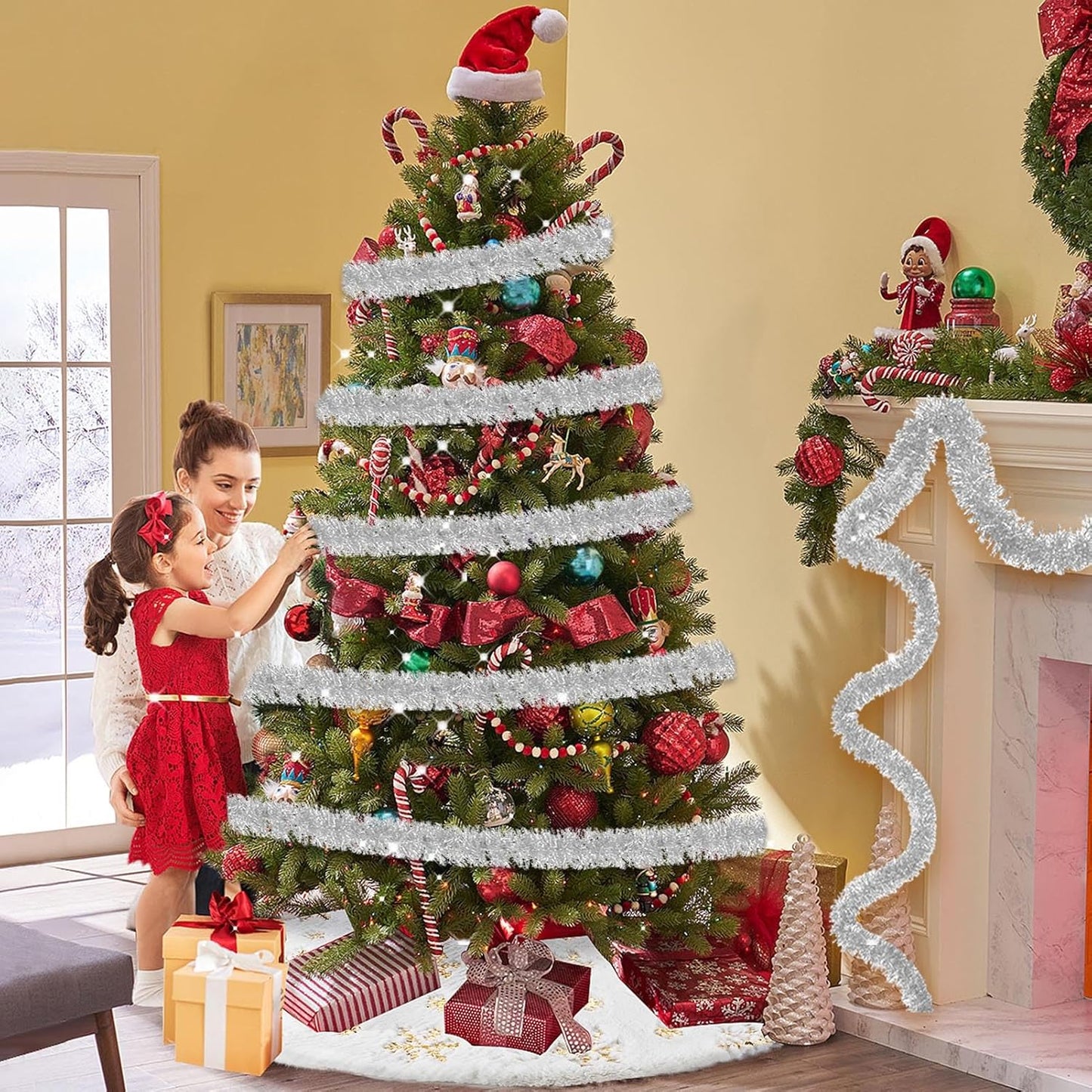50 Feet Metallic Twist Tinsel Garland Wall Hanging Backdrop for Parade Floats, Christmas Eve, New Year, Valentine's Day Party Decorations (Silver, 2in x 50ft)