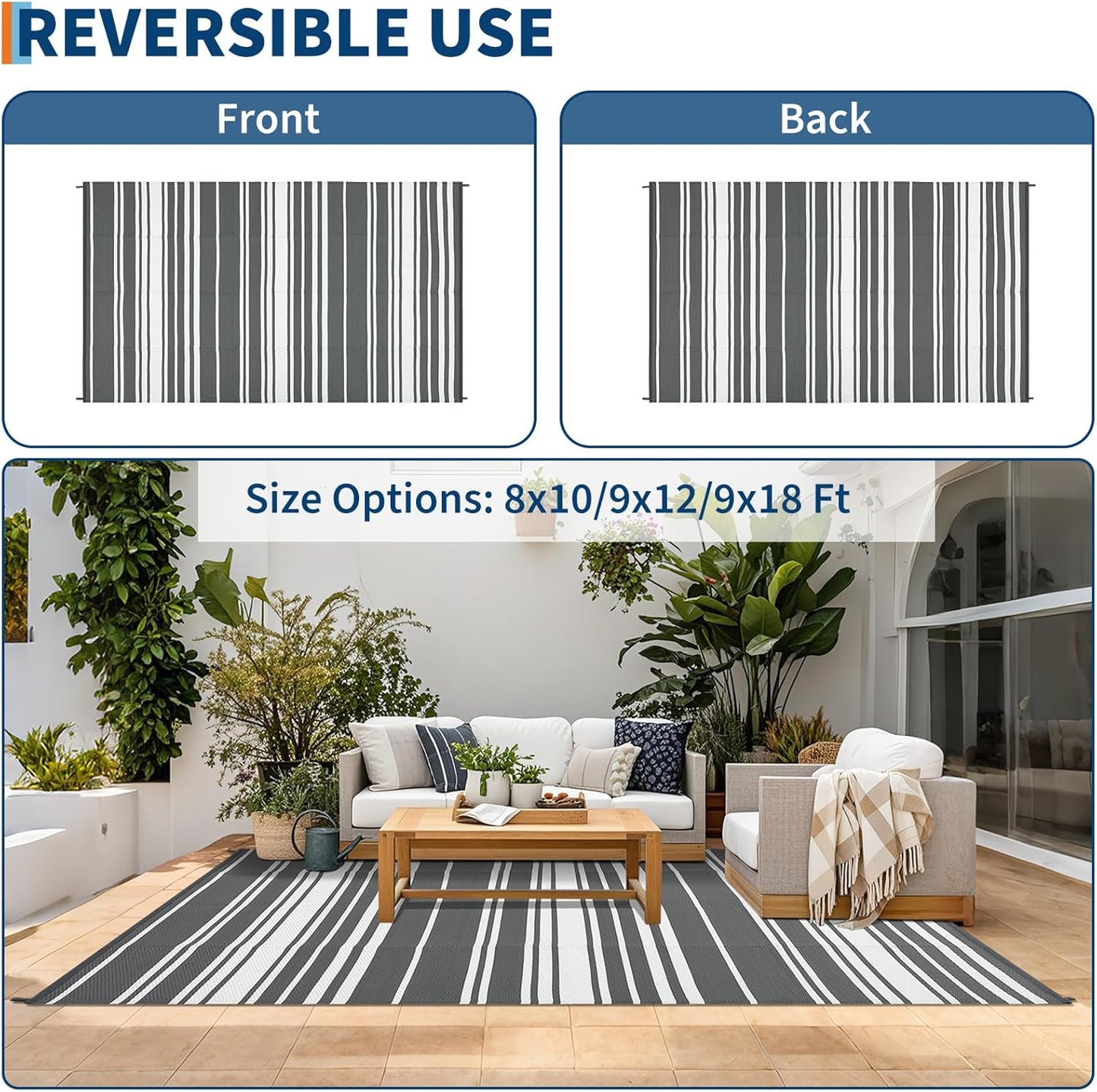 Outdoor Patio Rug 9x12 Stain-Resistant Reversible Camping Mat, Modern Striped Outdoor Plastic Straw Rug, Waterproof Outside Carpet, Easy to Clean for RV, Porch, Deck, Balcony, Grey