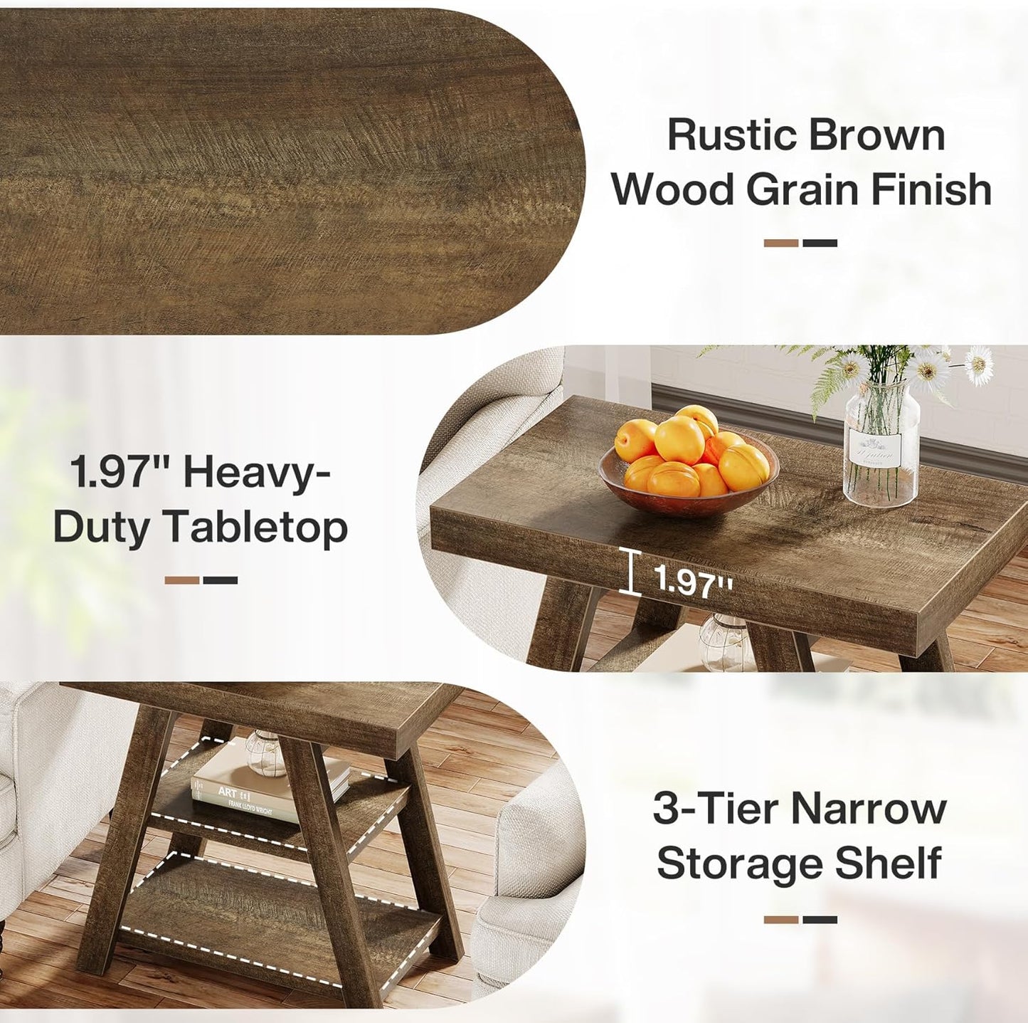 Tribesigns Set of 2 Small Wood Side Table, Farmhouse 3-Tier Narrow Sofa End Table with Storage, Vintage Couch Side Table for Living Room, Wooden Bedside Table for Bedroom, Small Spaces, Rustic Brown