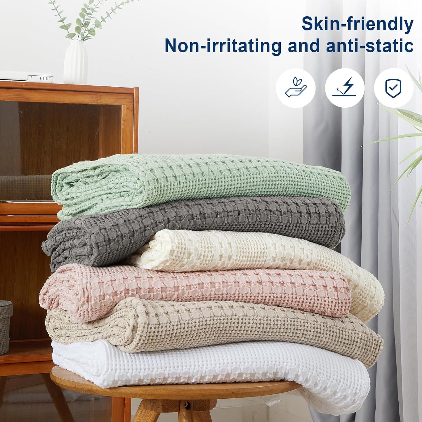 PHF 100% Cotton Waffle Weave Blanket Queen Size, Soft Lightweight Breathable Cozy Summer Blankets for Bed, Luxury Aesthetic Woven Bedding for Home Decor, 90"x90", White