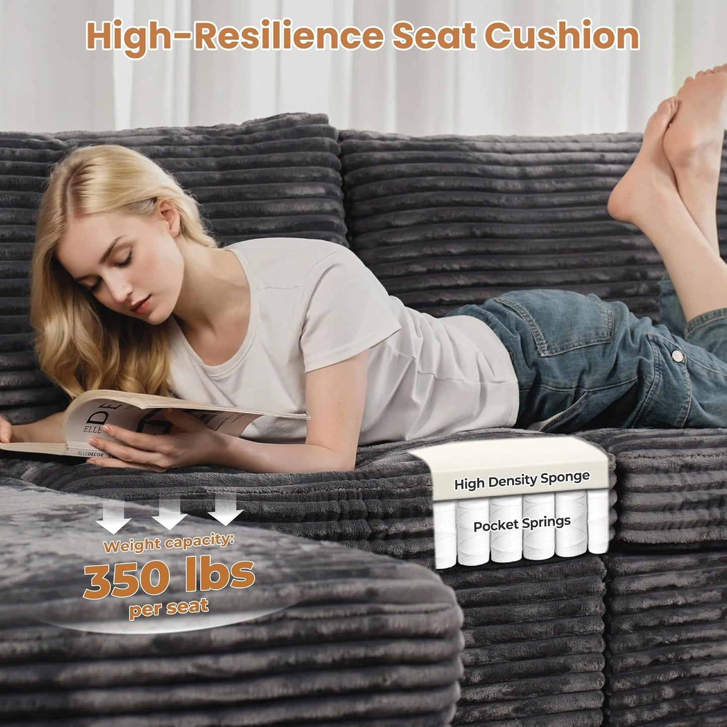 ovios Sectional Sofa Couch with L-Shape Chaise Convertible, Comfy Modular Cloud Couches with Deep Seat, Modern Upholstered Plush Corduroy Sofas Set for Living Room, 5-Seater, Grey