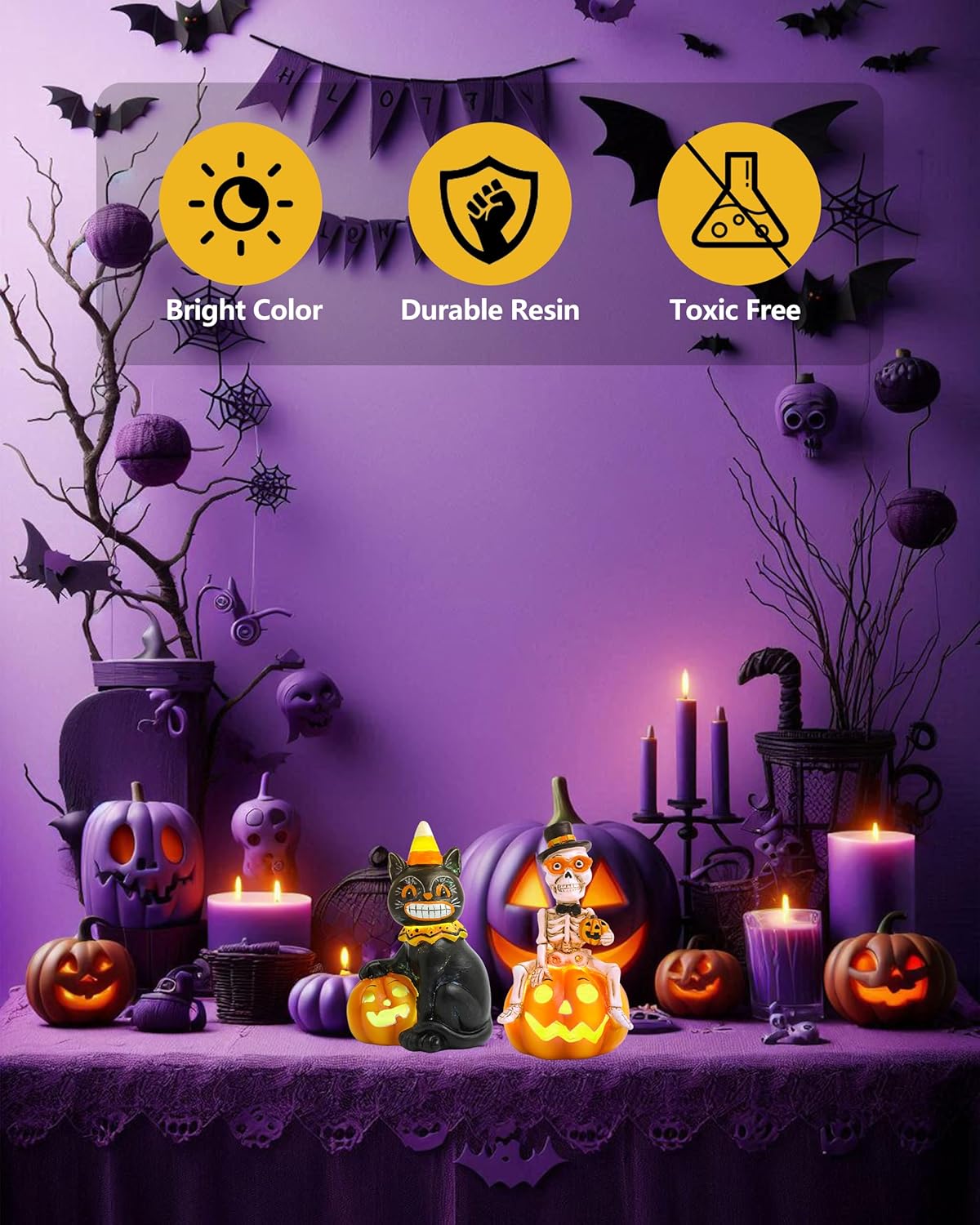 Vintage Halloween Decorations Indoor - 2-Pack 4.7'' Resin Skeleton Gentleman & Black Cat Figurine with Flickering Pumpkin Lights - Halloween Table Decor Ornaments Gifts (Jack-O’-Lantern)