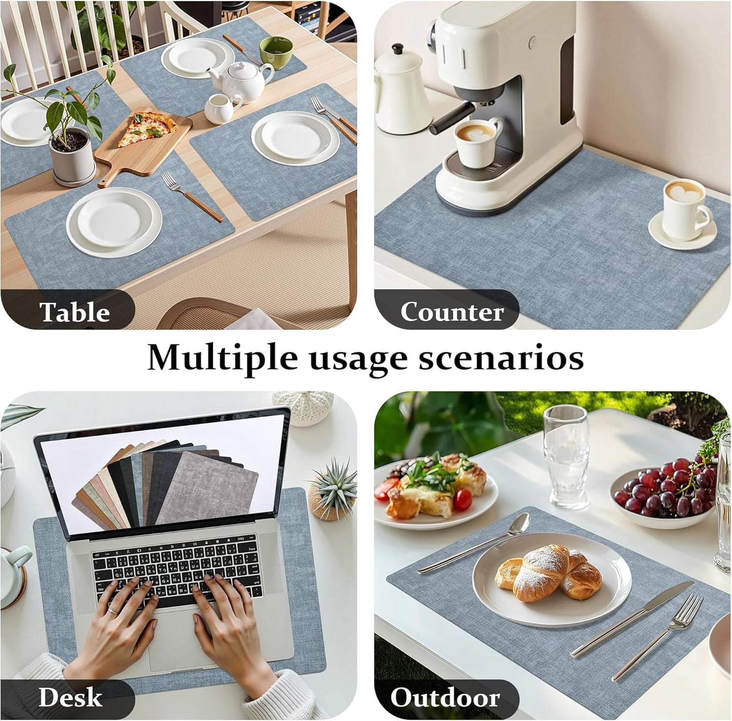 FROMHEART Faux Leather Placemats Set of 12–Waterproof,Heat/Oil Stain-Resistant PU Table Mat–Reversible,Non-Slip,Easy to Clean Place Mats for Kitchen,Dining,Indoor/Outdoor,(Light Blue,11.8" x 17")