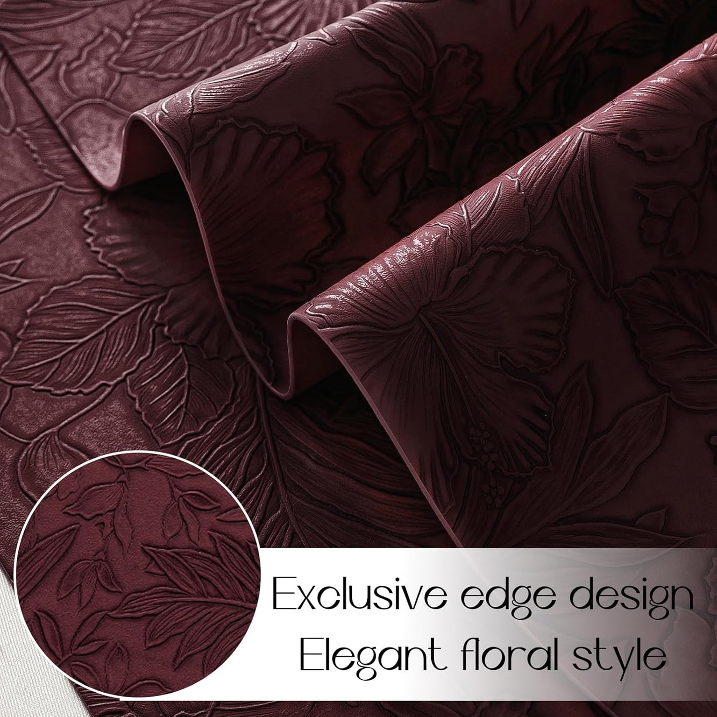 Romanstile Vinyl Placemats Set of 6-12 X 18 Inch - Heat Resistant Non-Slip Embossed Floral Place Mats 100% Waterproof Oilproof Wipeable Faux Leather Table Mats for Kitchen/Dining/Party, Burgundy