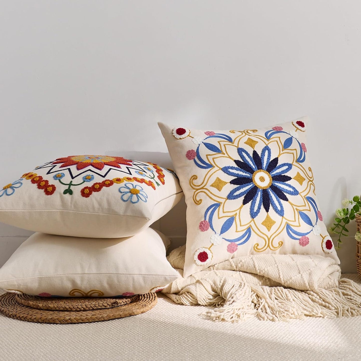 Embroidered Throw Pillow Cover 18x18 Classic Boho Floral Pattern Pillows Cover Outdoor Decorative Pillowcase,Durable Cozy Textured Cushion Case for Sofa Couch Bed Living Room,Blue