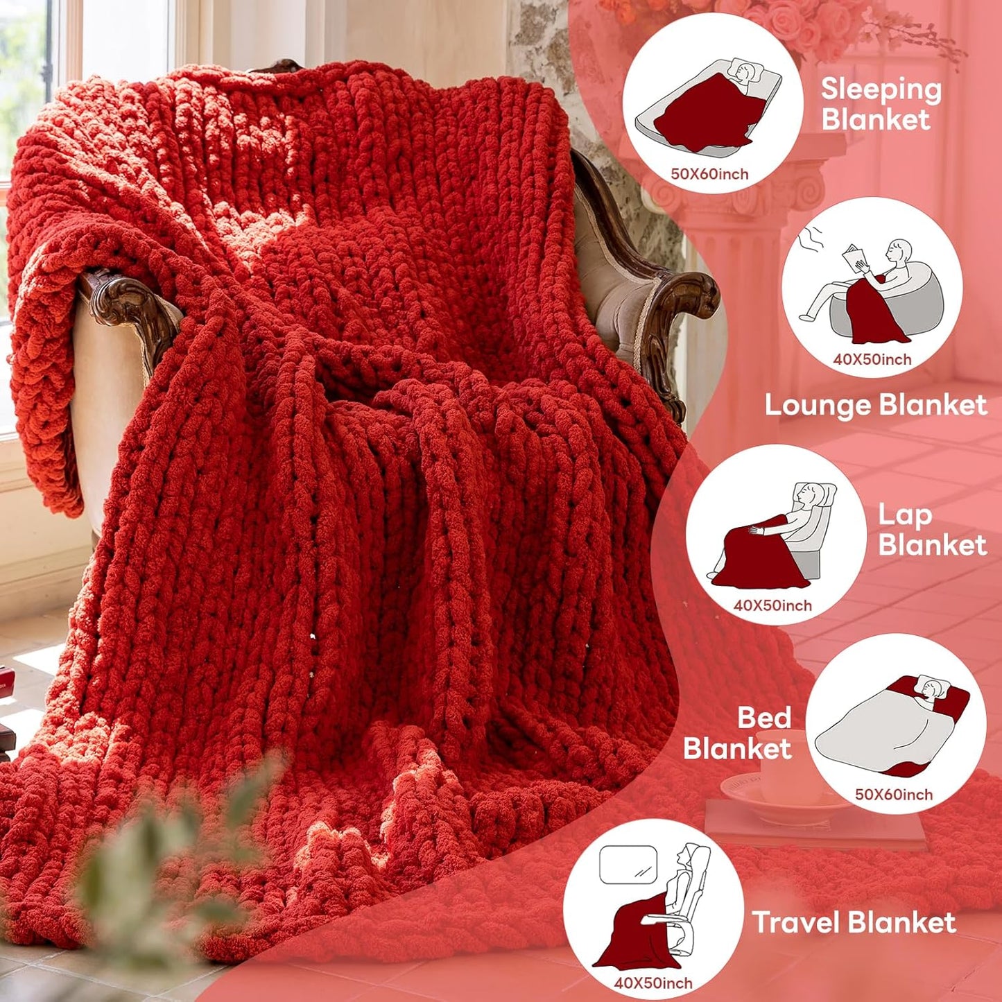Chunky Knit Blanket - Luxury Soft Cozy 40 * 50 Throw Blanket,100% Woven Blanket Rope Knot Throw Blanket for Couch, Sofa, Home Decor, Gift - Machine Washable(Wine red)