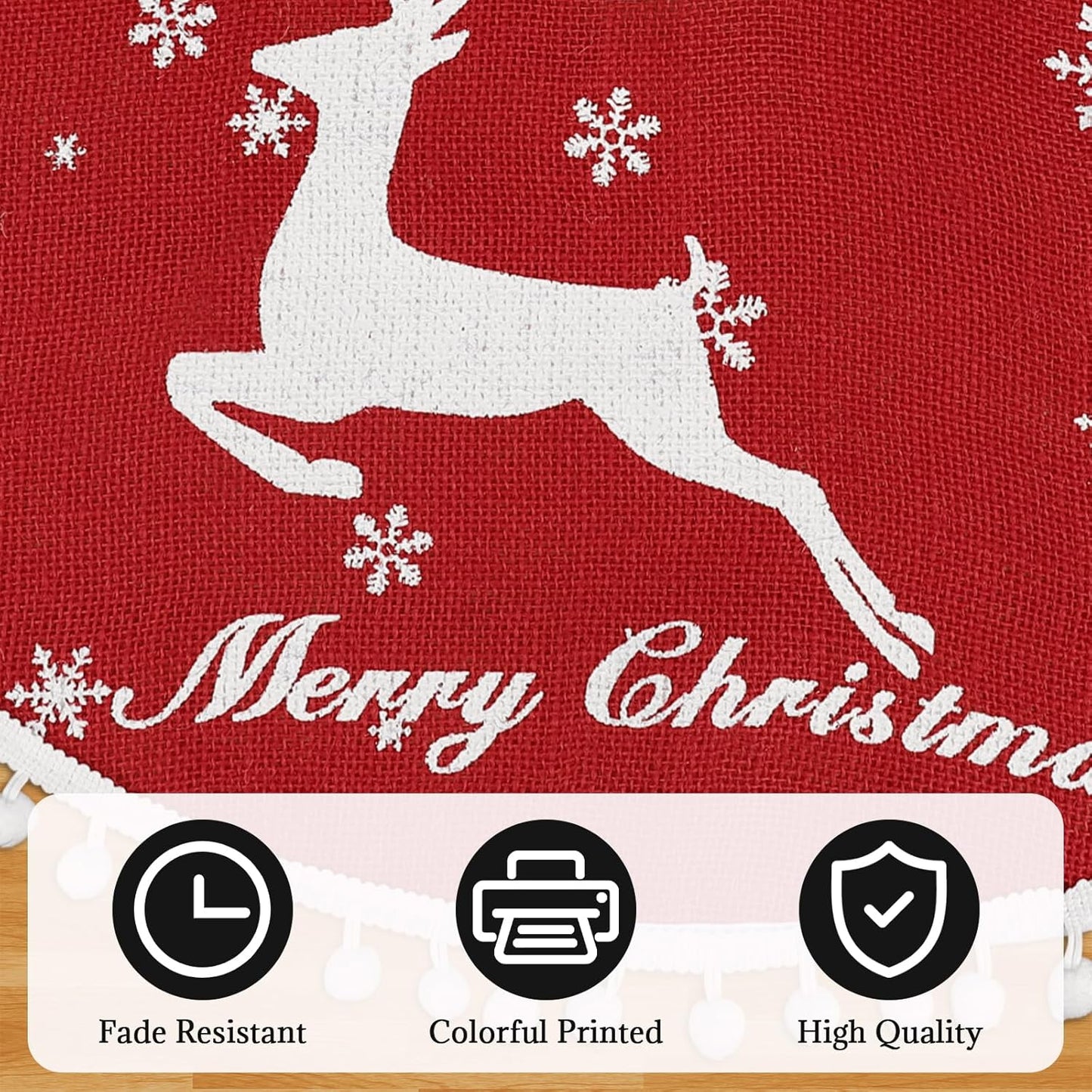 24 Inch Christmas Tree Skirt, Burlap Red Christmas Rustic Tree Skirt with Elk Deer and White Snowflake Printed for Holiday Party Xmas Tree Decoration