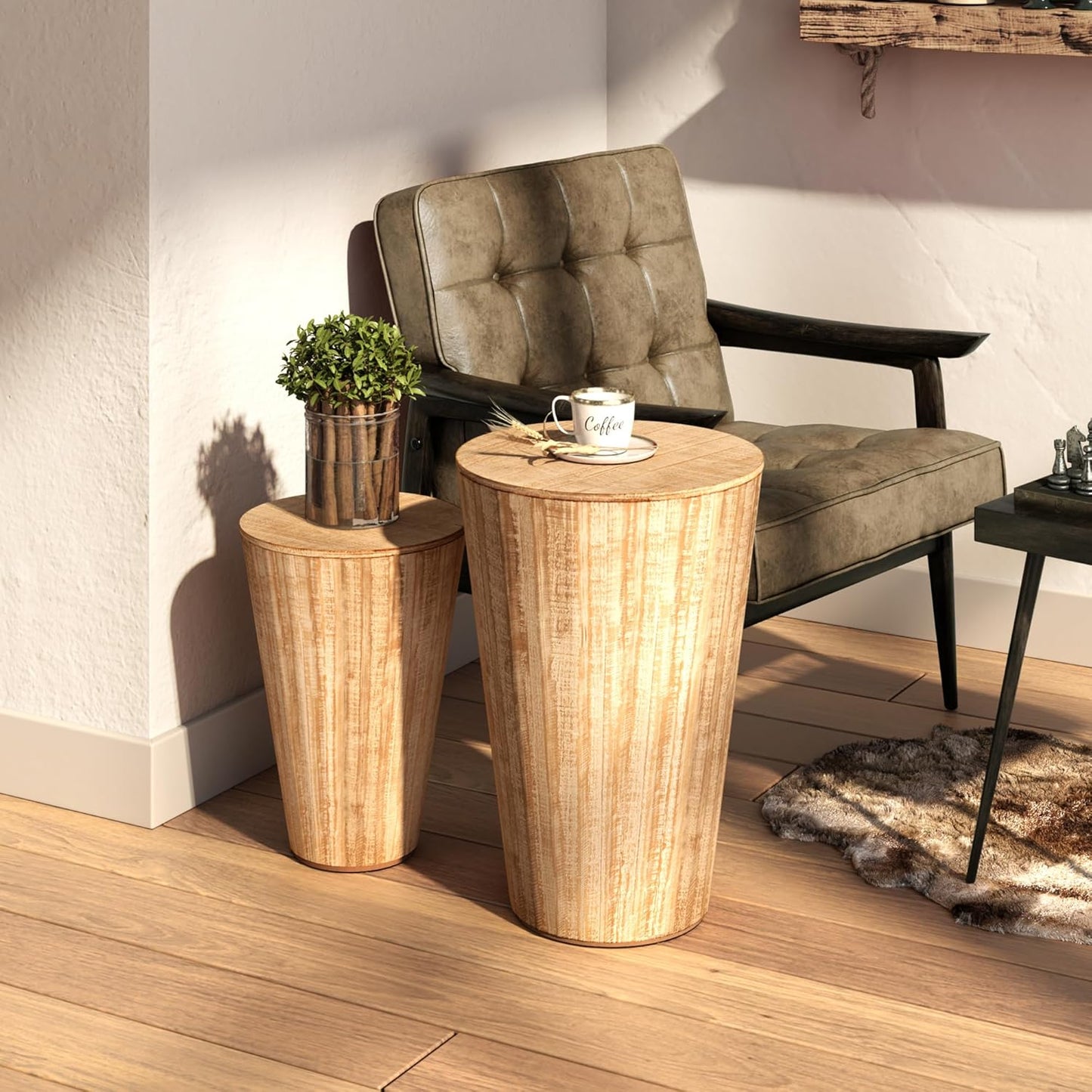 Farmhouse Nesting Barrel Side Table, Rustic Space Saving Storage End Table Set Fully Assembled, Natural Distressed Finish