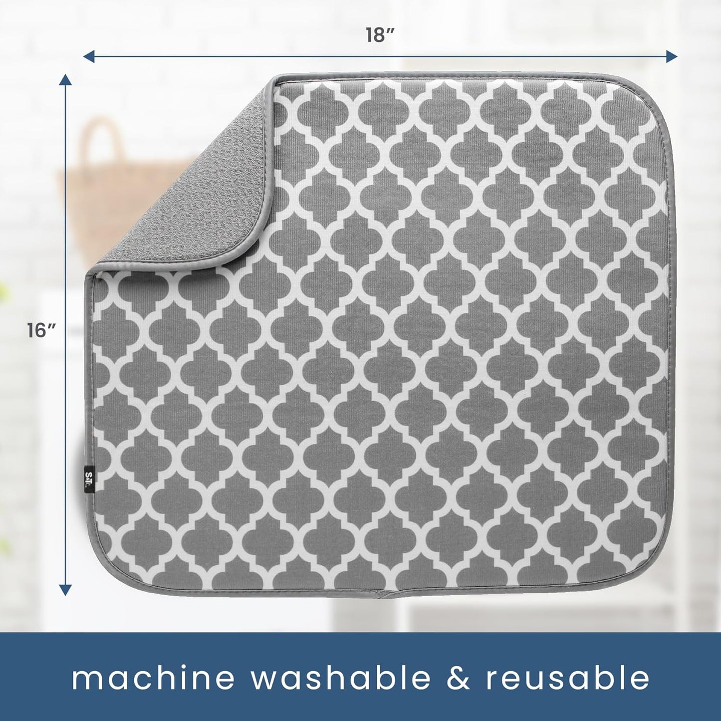 S&T INC. Dish Drying Mat, 16” x 18”, Absorbent Microfiber Kitchen Counter Mat, Dish Drying Pad for Dishes, Utensils, Pots and Pans, Large, White Trellis