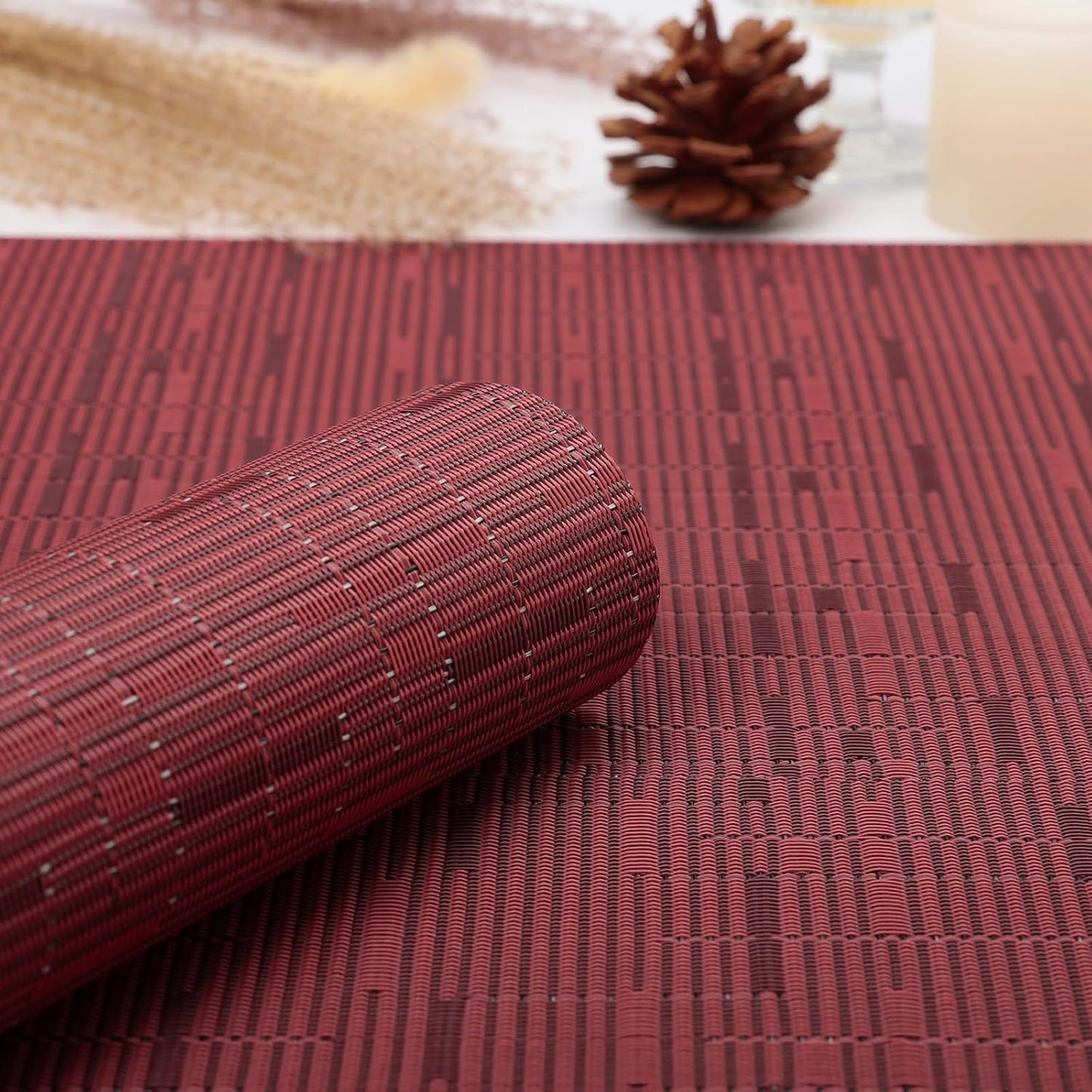 Myir JUN Placemats Set of 6, Vinyl Woven Placemats Place Mats Indoor Washable Table Mats Non-Slip Place mats for Dining Table (Red, Set of 6)
