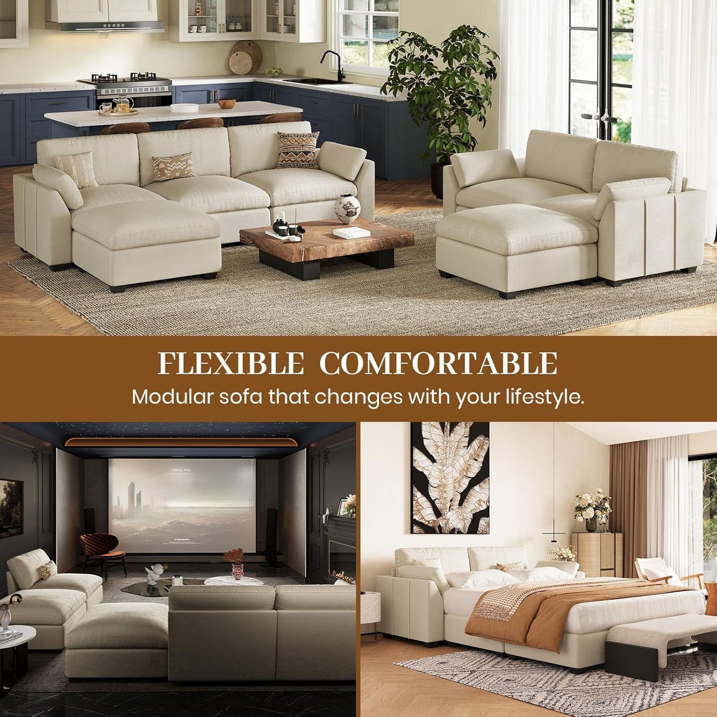 Belffin Oversized Sectional Couch,137.8" 7-Seater U Shaped Modular Sectional Sofa with Ottoman,Convertible Velvet Couches for Living Room,Beige Couch